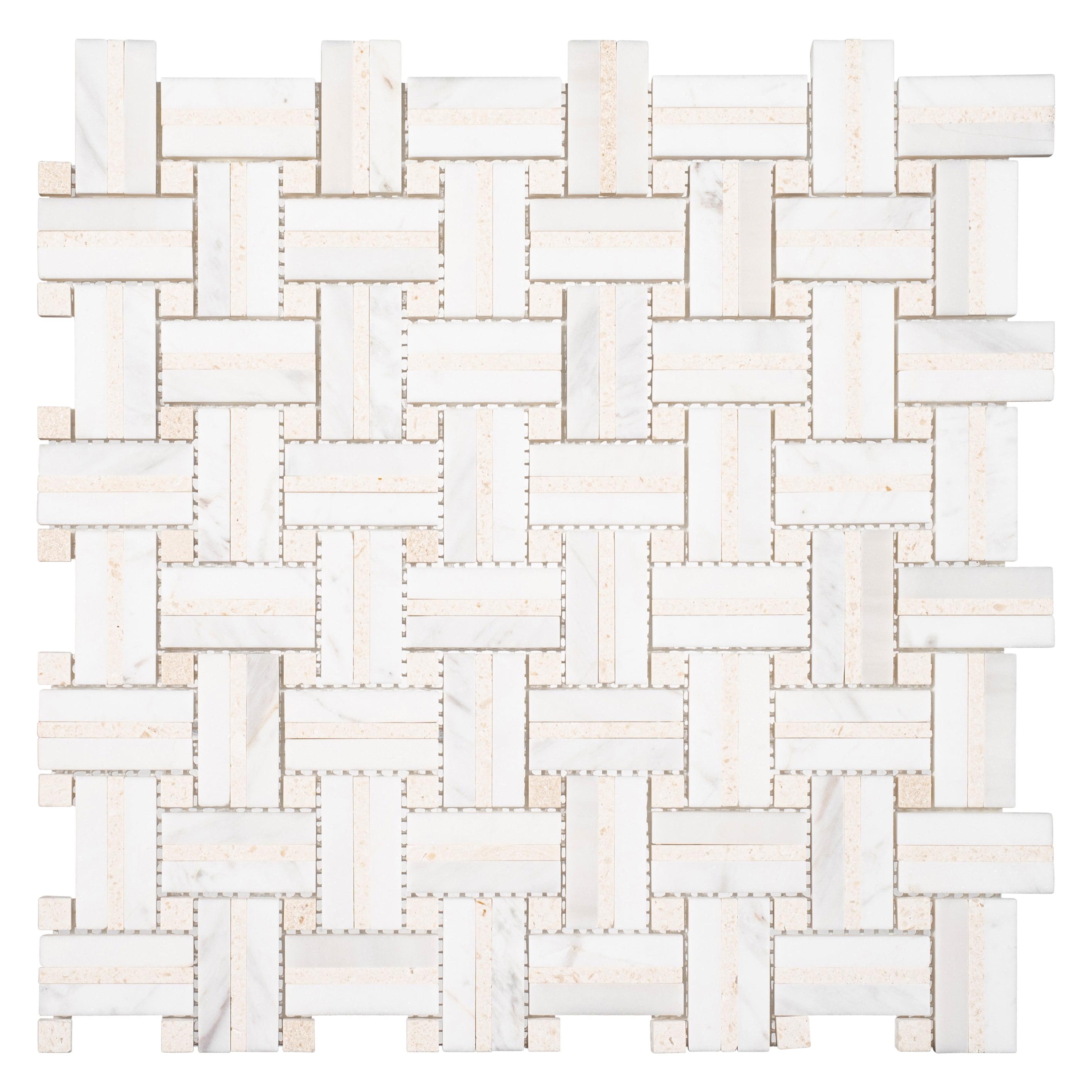 Fabrique Damask White Natural Stone Basketweave Mosaic Tile