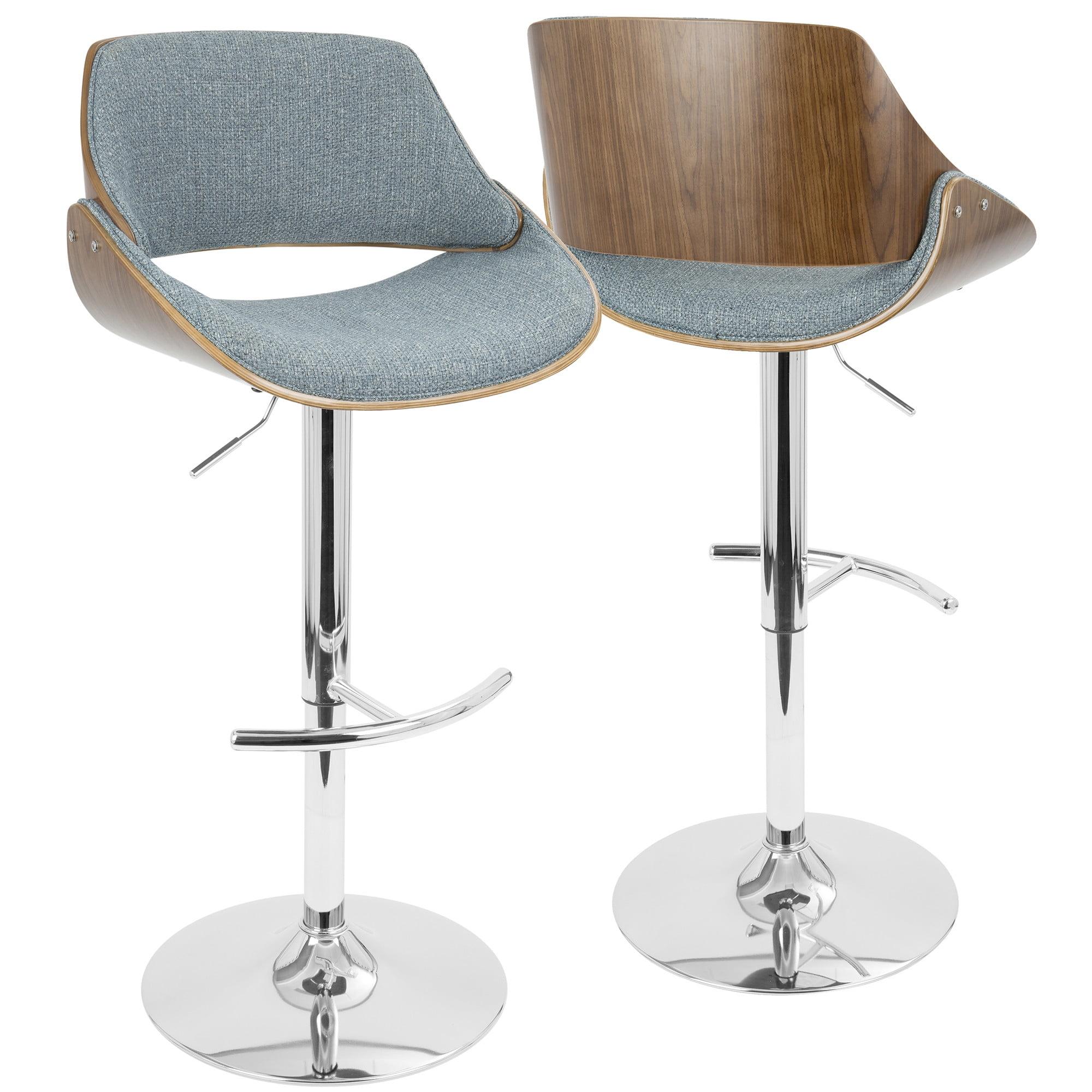 Contemporary Walnut & Blue Swivel Adjustable Barstool