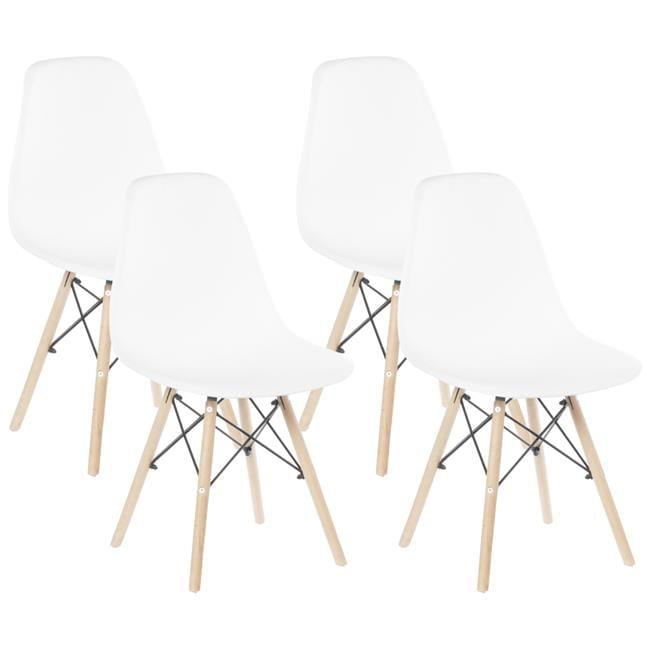 Fabulaxe Mid-Century Modern Style Plastic DSW Shell Dining Chair with Solid Beech Wooden Dowel Eiffel Legs, Set of 4 White