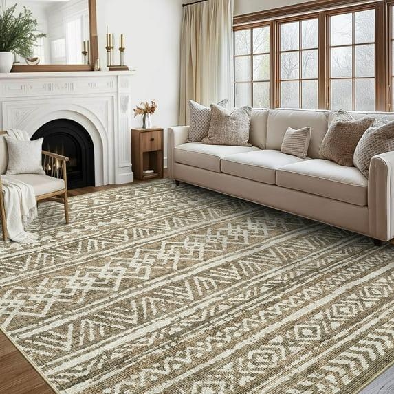 FairOnly 9'x12' Brown White Area Rugs Machine Washable Vintage Rugs for Bathroom Geometric Moroccan Ultra-Thin Area Rugs for Family Room Living Room Carpet