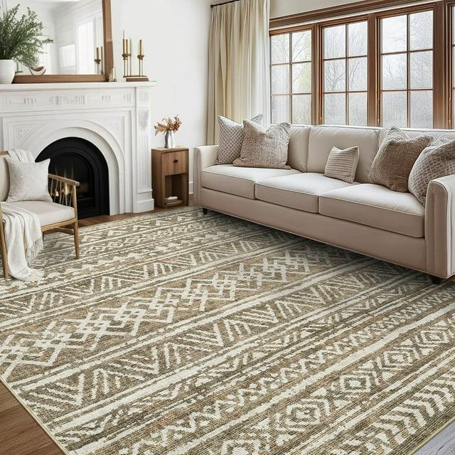 FairOnly 9'x12' Brown White Area Rugs Machine Washable Vintage Rugs for Bathroom Geometric Moroccan Ultra-Thin Area Rugs for Family Room Living Room Carpet