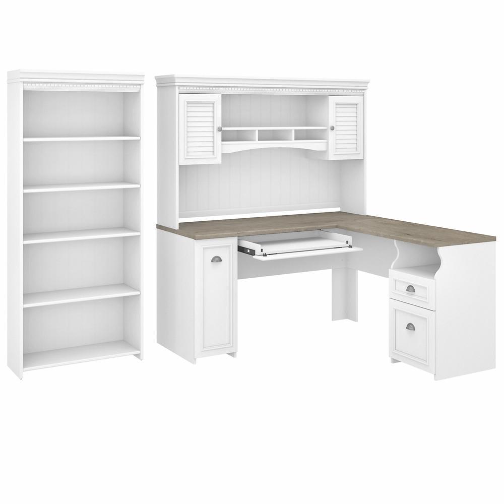 Fairview L Desk with Hutch and Bookcase in White and Gray - Engineered Wood