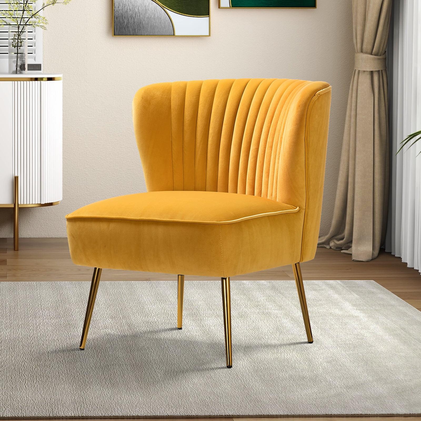 Mustard Velvet Armless Accent Chair with Gold Legs