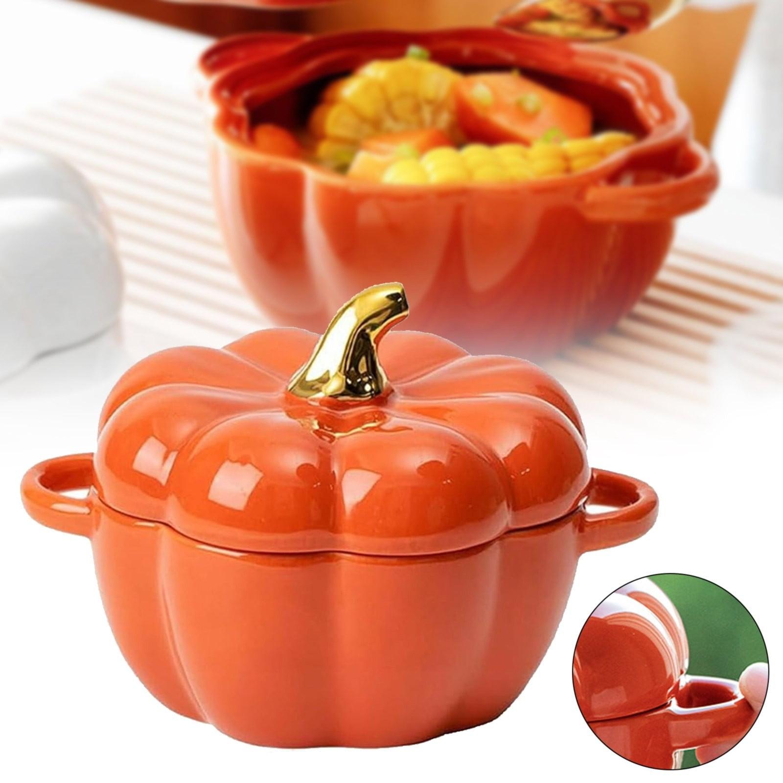 Orange Ceramic Pumpkin Soup Bowl with Cast Iron Lid