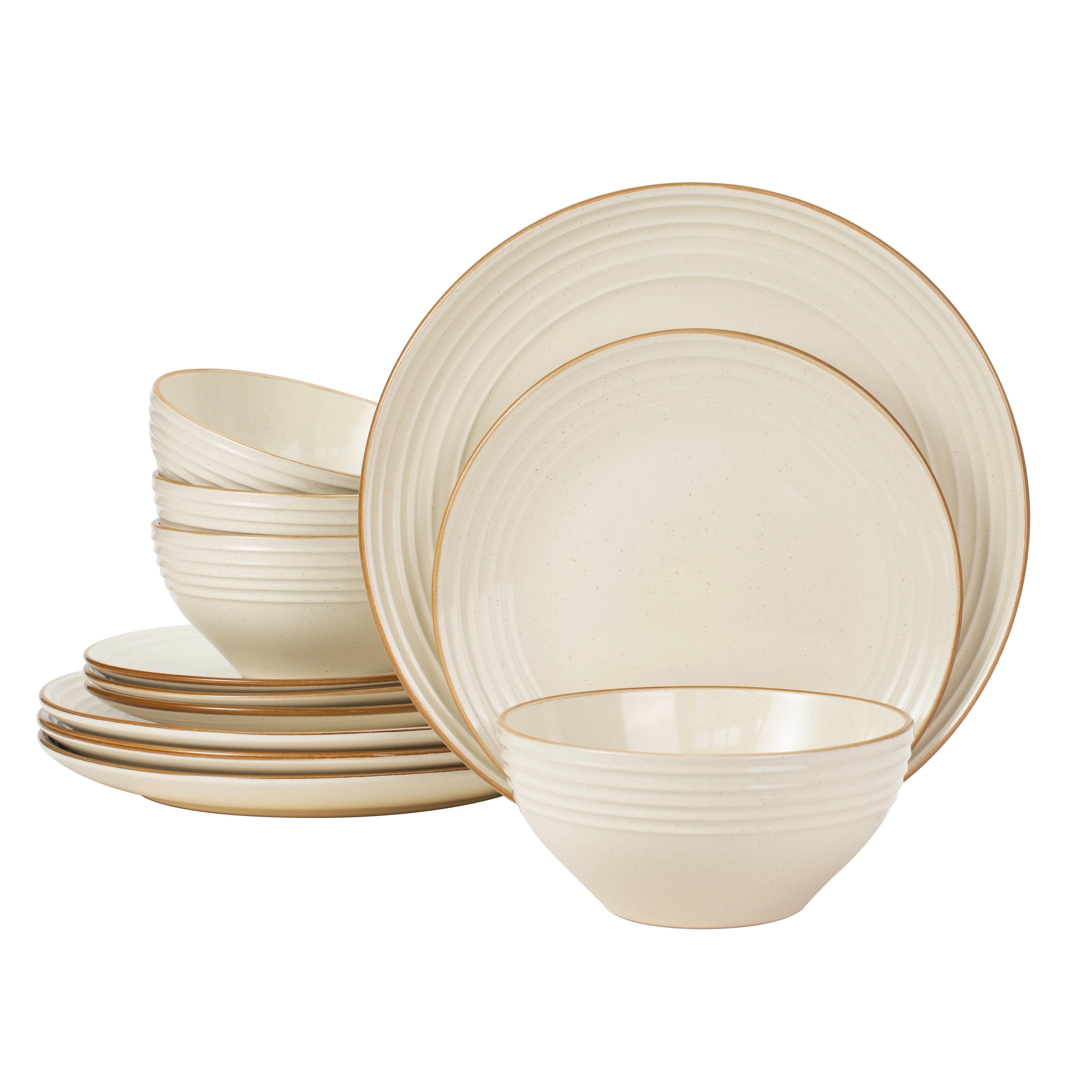 Famiware Jupiter 12 Piece Stoneware Dinnerware Set, Plates and Bowls Set for 4, Vanilla White