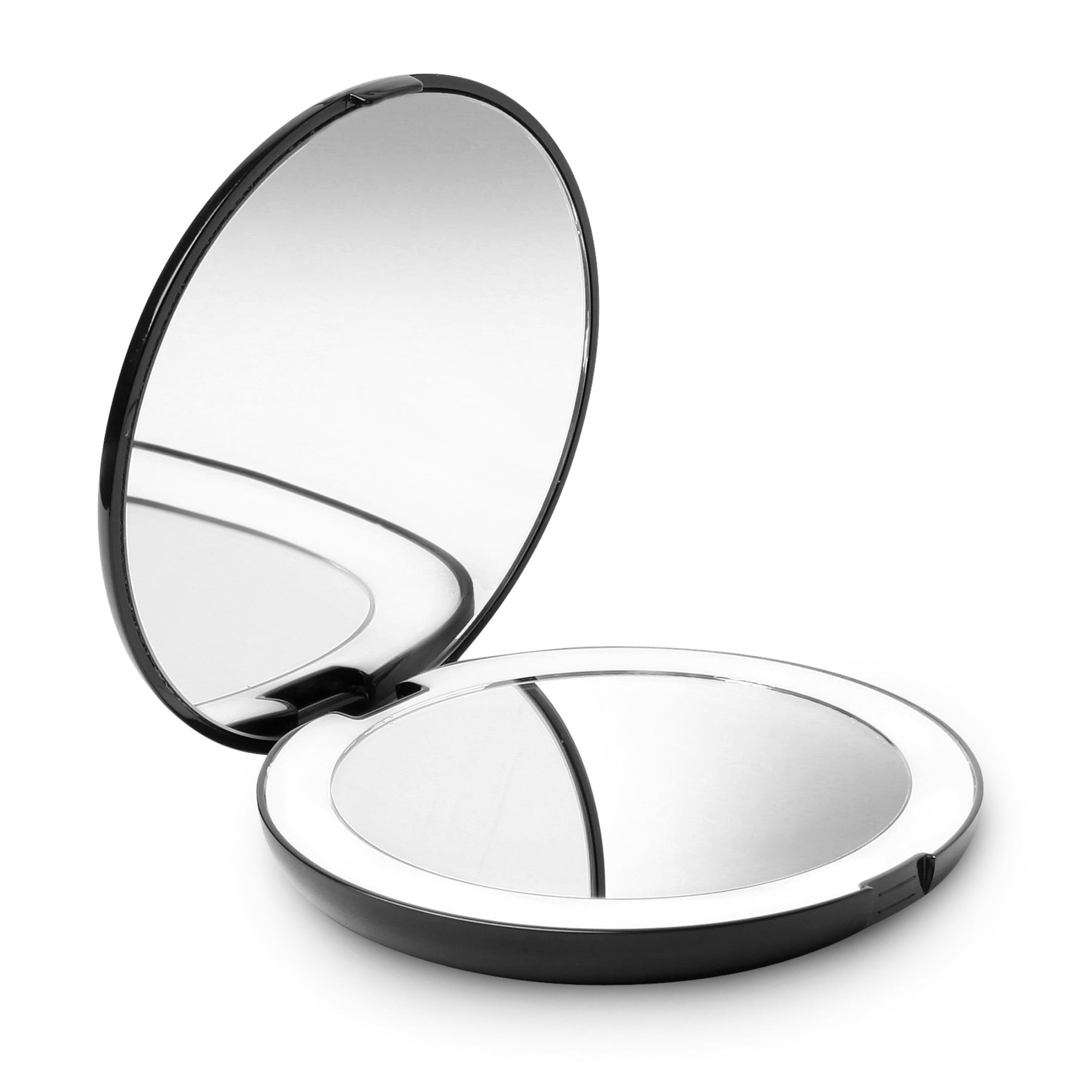 Sleek Modern 5" Round Black Glass Tabletop Magnifying Mirror with LED