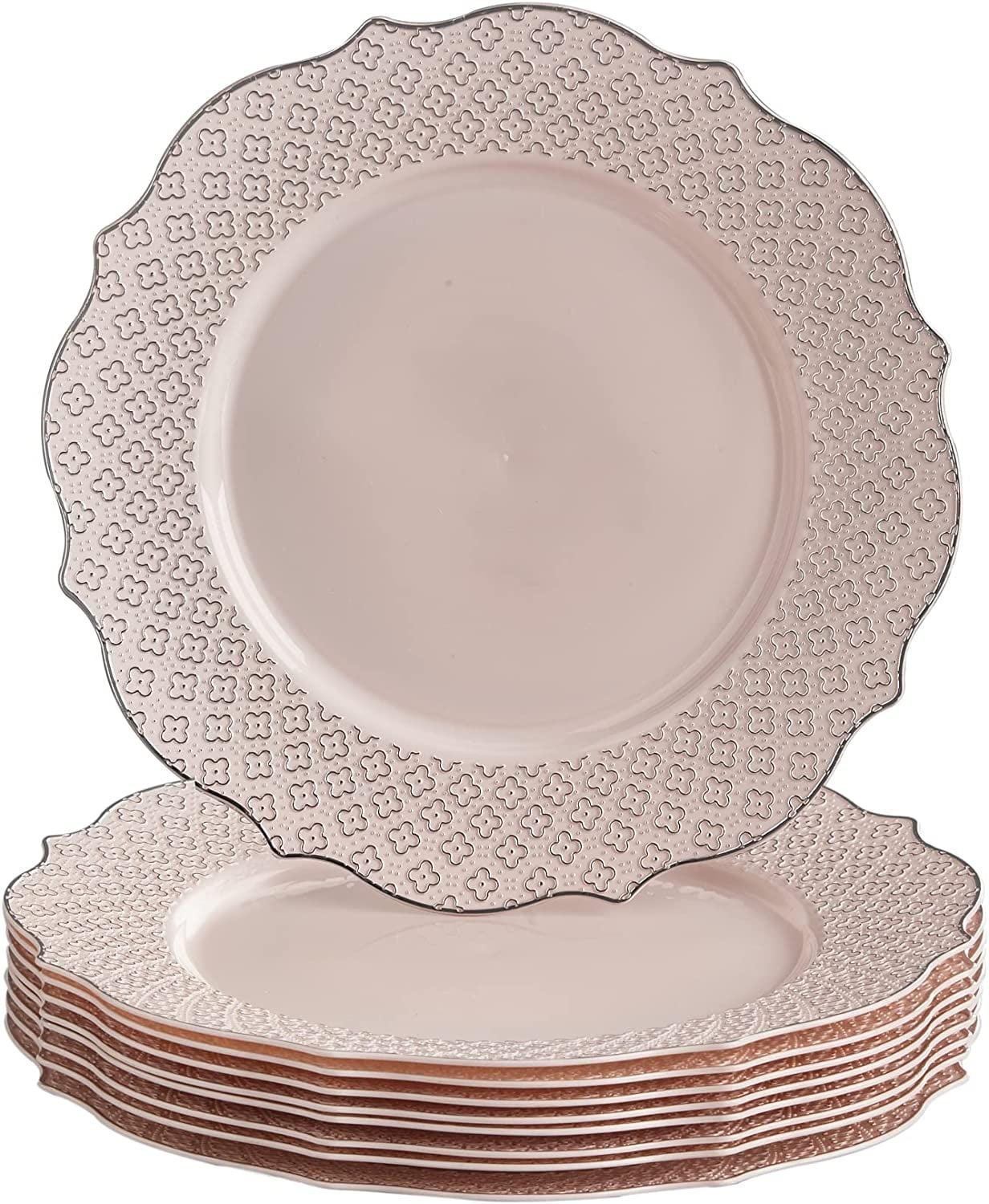 Fancy Disposable Dinner Plates (10 PC) Heavy Duty Plastic Plates, Rose Gold Party Supplies for Baby Showers, Weddings, Parties & Events, Pink Plates with Silver Embossed Rim - 10.25" - Harmony