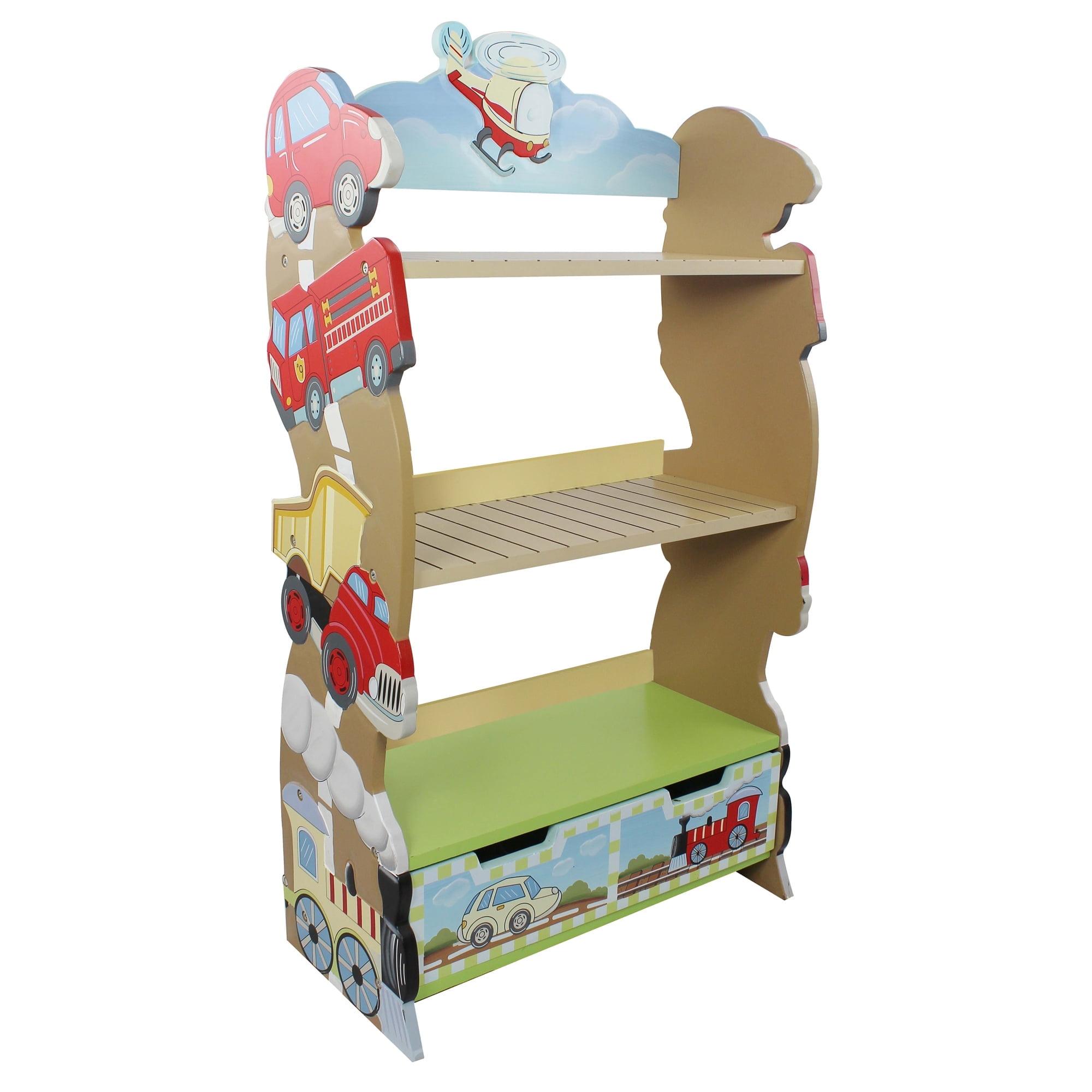 Transportation Kids Wooden 3-Tier Bookshelf with Drawer