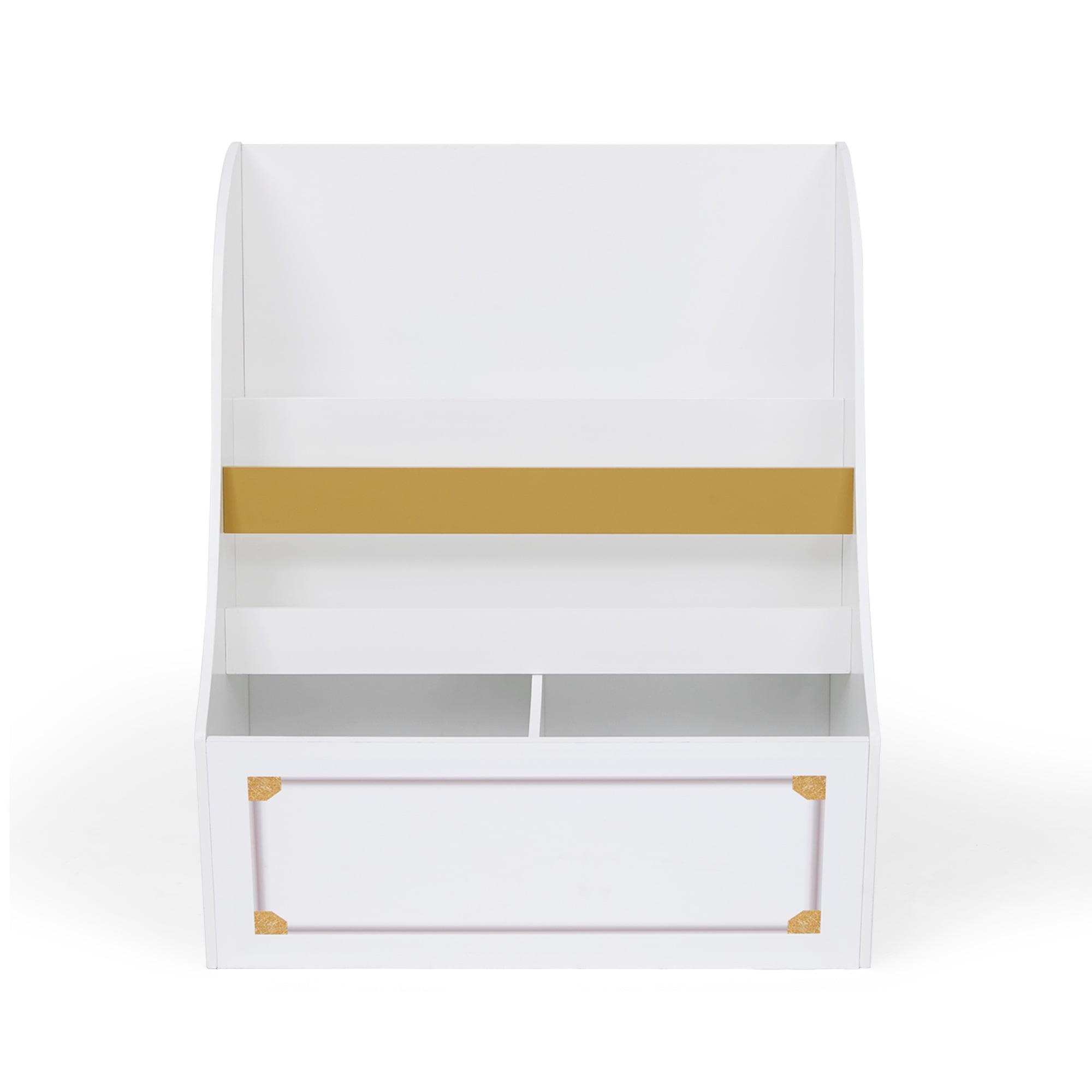 White Wooden Kids Bookcase with Gold Accents and Storage Cubes