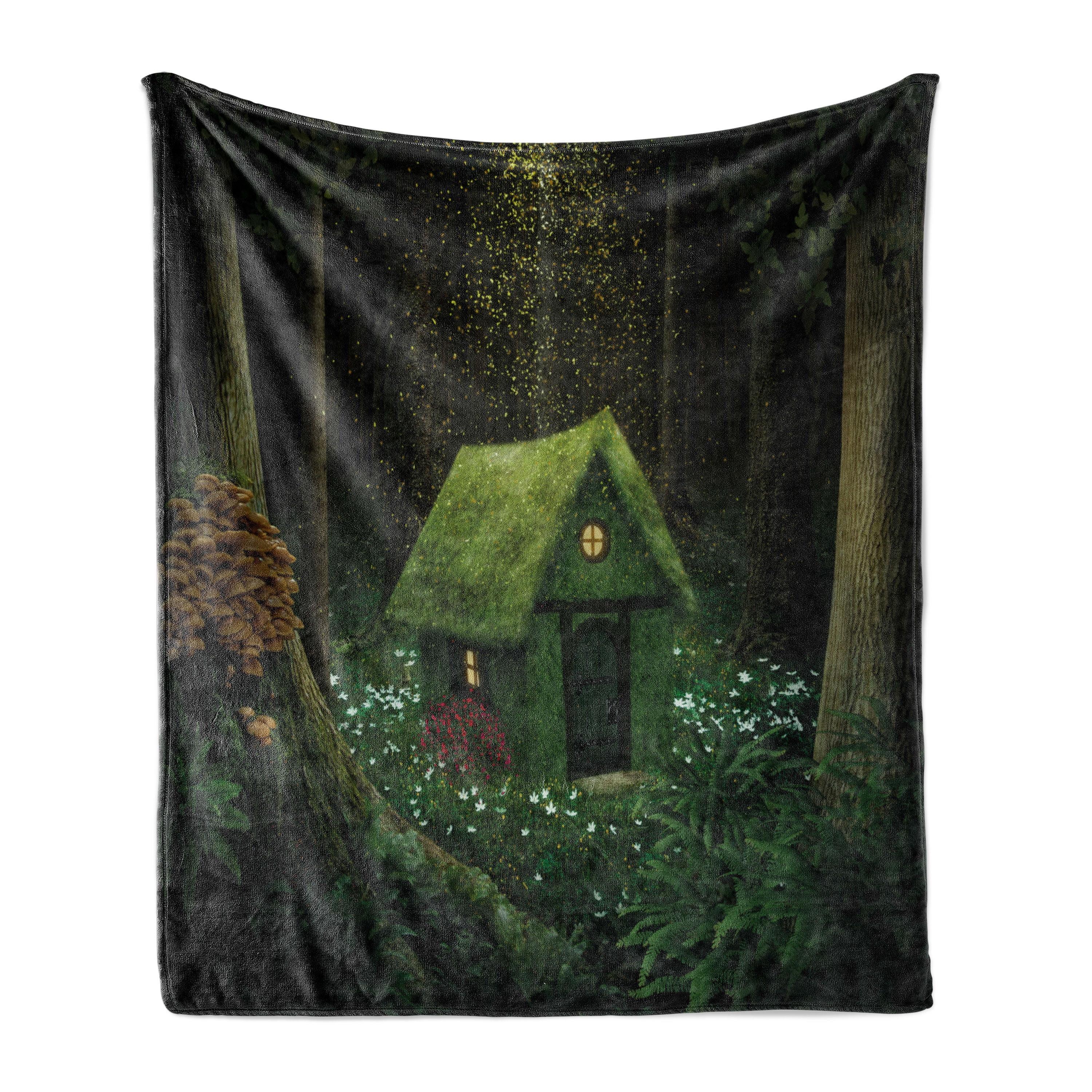 Ambesonne Ambesonne Green Fleece Throw Blanket Surreal Forest House Hunter Green Army Green