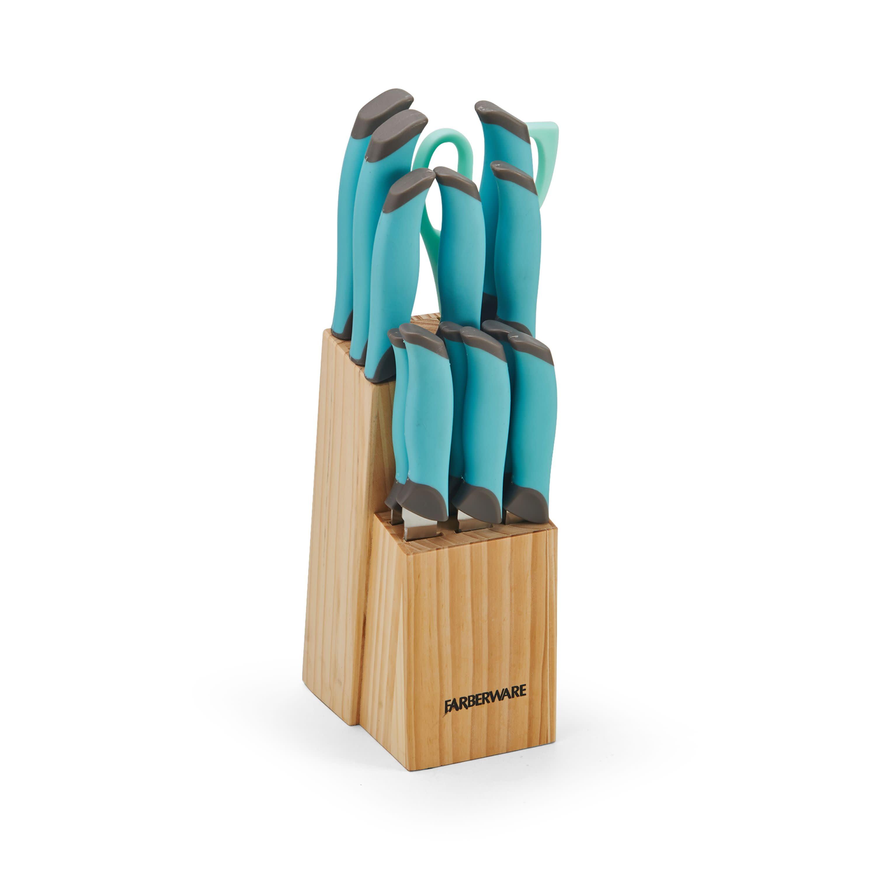 Aqua and Gray 14-Piece Soft Grip Knife Block Set