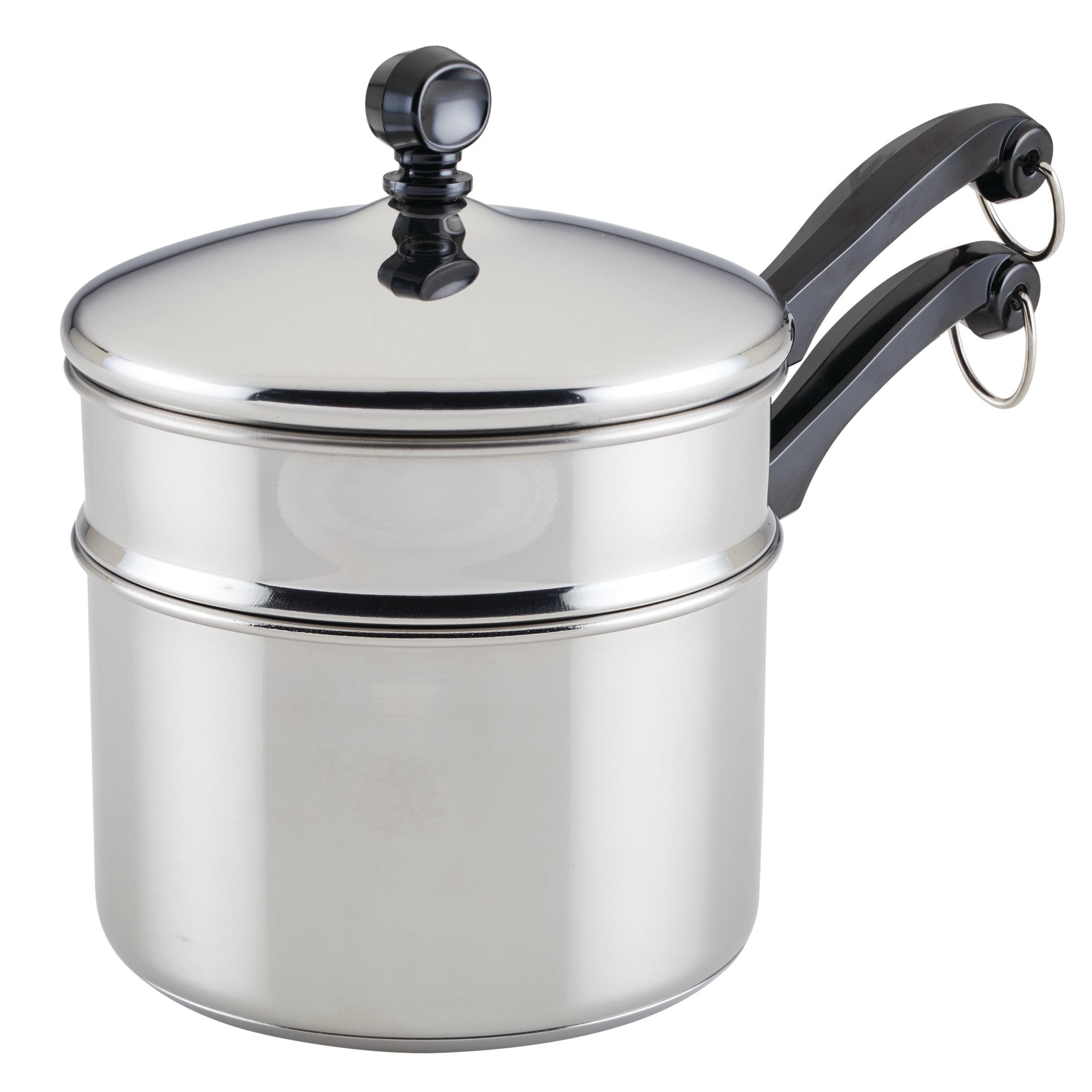 Farberware Classic Series 2qt Stainless Steel Double Boiler and Saucepan with Lid Silver: Dishwasher-Safe Cookware