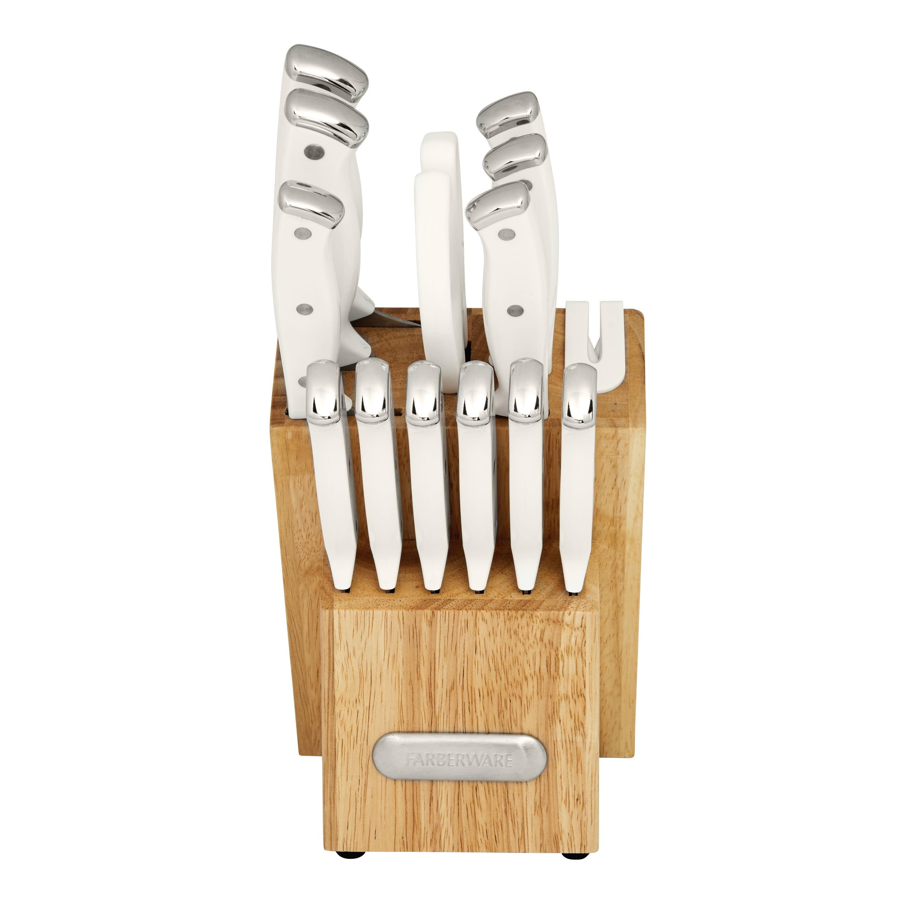 Farberware Edgekeeper Triple Riveted Knife Block Set with Built in Sharpener, 14-Piece, White