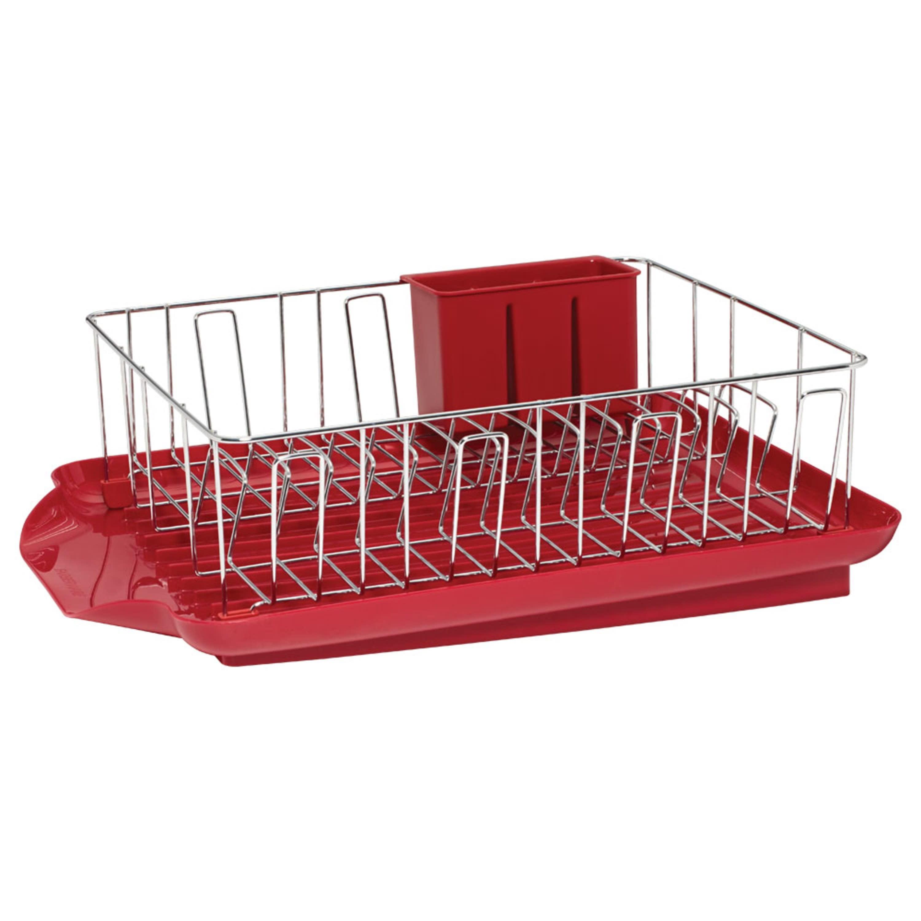 Red Stainless Steel and Plastic 3-Piece Dish Rack Set