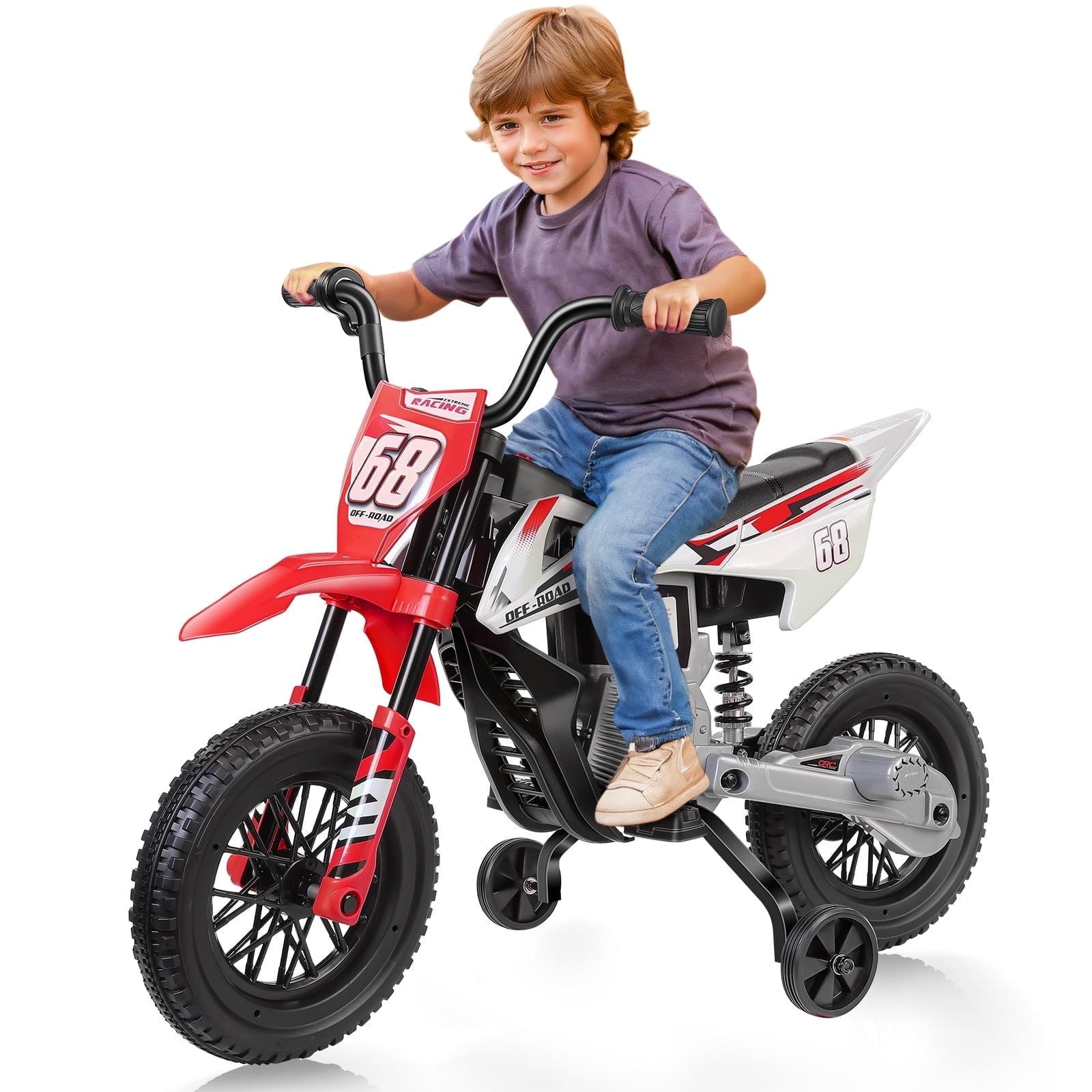 Farmdex 12V Ride on Motorcycle for Kids, Electric Dirt Bike with 2 Training Wheels, Electric Motorcycle with Twist Grip Throttle, Built-in Music, 30W*2 Motors, Red