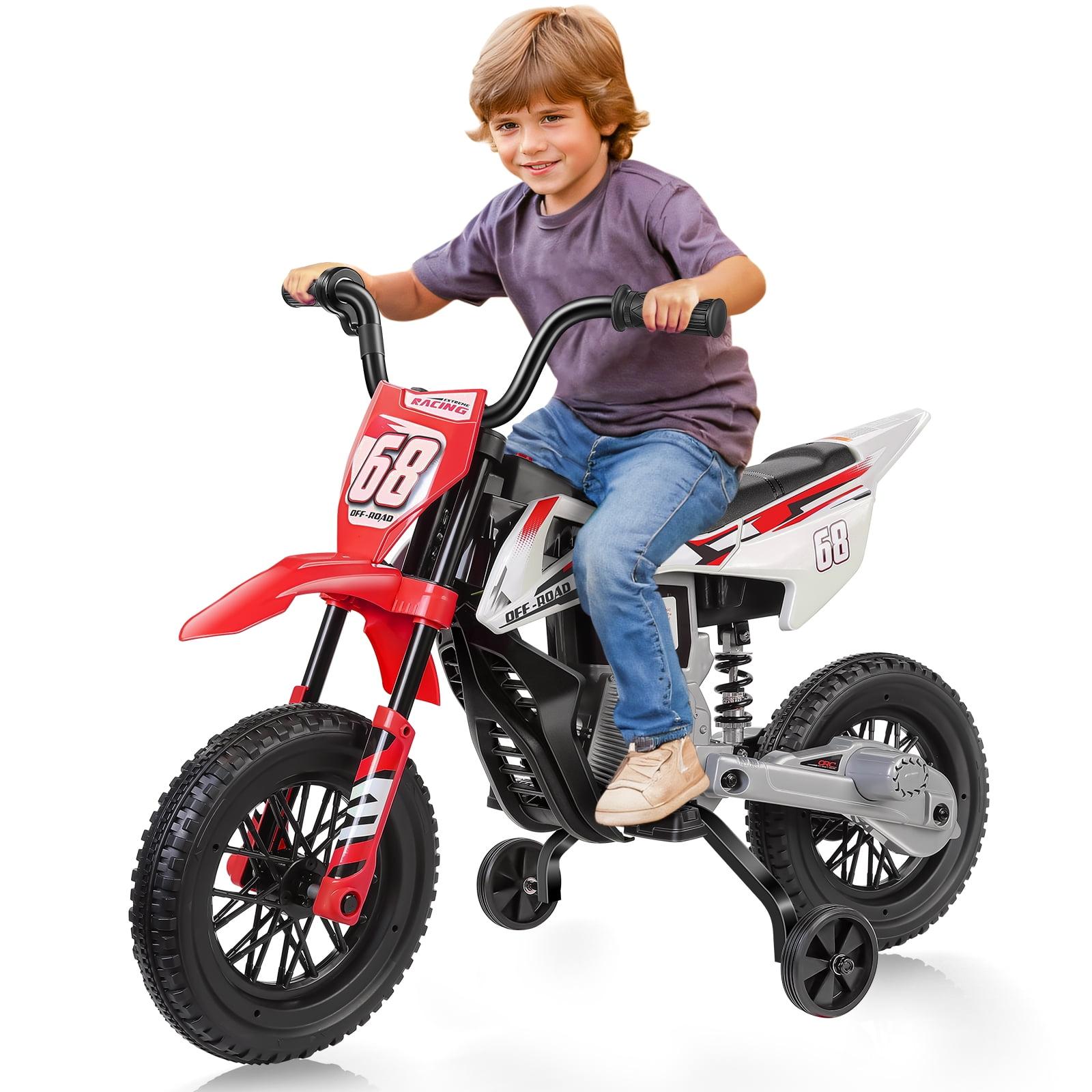 Farmdex 12V Ride on Motorcycle for Kids, Electric Dirt Bike with 2 Training Wheels, Electric Motorcycle with Twist Grip Throttle, Built-in Music, 30W*2 Motors, Red
