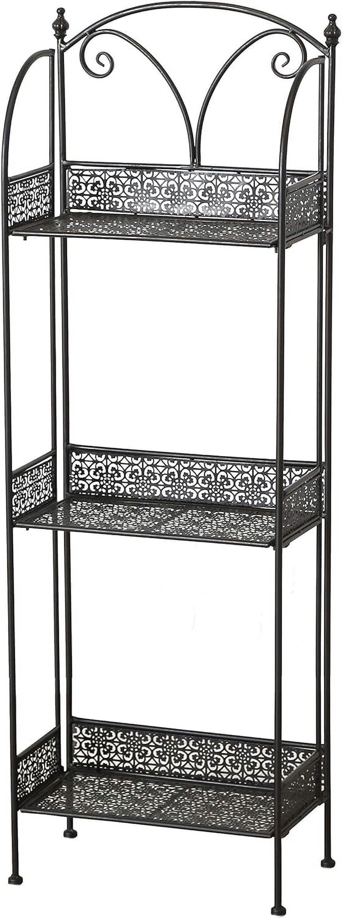 Farmers Favorite 3 Tier Rack, Slim Line Design, Plant Stand, Powder Coated Black Iron, Punched Floral Fold-Out Rimmed Shelves, Final Top Details, 15 3/4 L x 8 3/4 W x 48 H (40 x 122 cm)