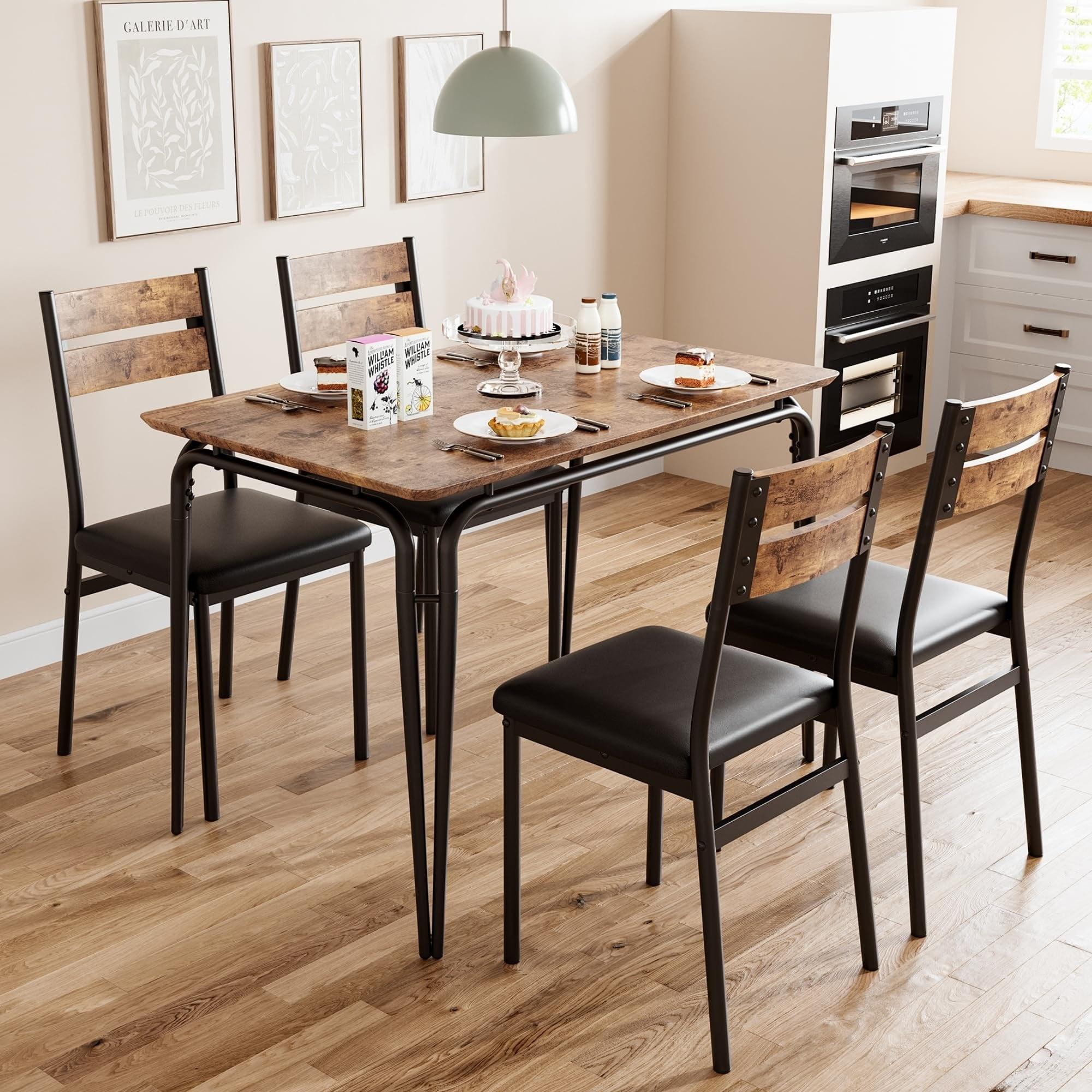 Brown MDF and Metal 5-Piece Dining Set with Cushioned Chairs