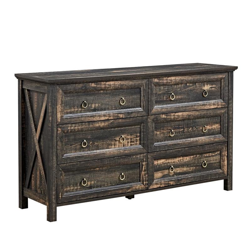 Farmhouse 6-Drawer Dresser - Rustic Dark Oak Storage, 54"L x 16"D x 31"H, Barn Door Style, Antique Brass Knobs, Wide Chest Organizer for Bedroom/Living Room