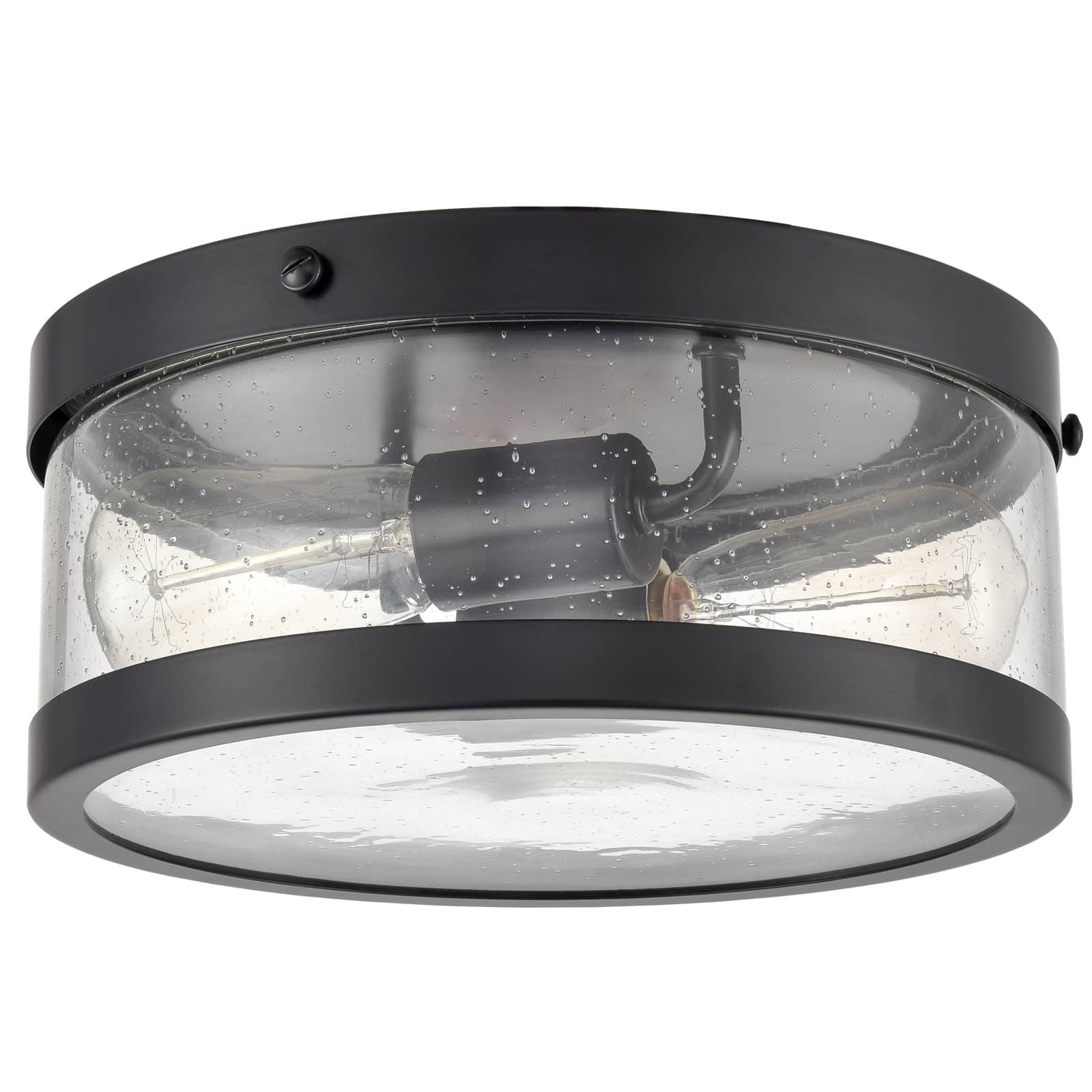 Matte Black Farmhouse Drum Flush Mount with Seeded Glass Shade