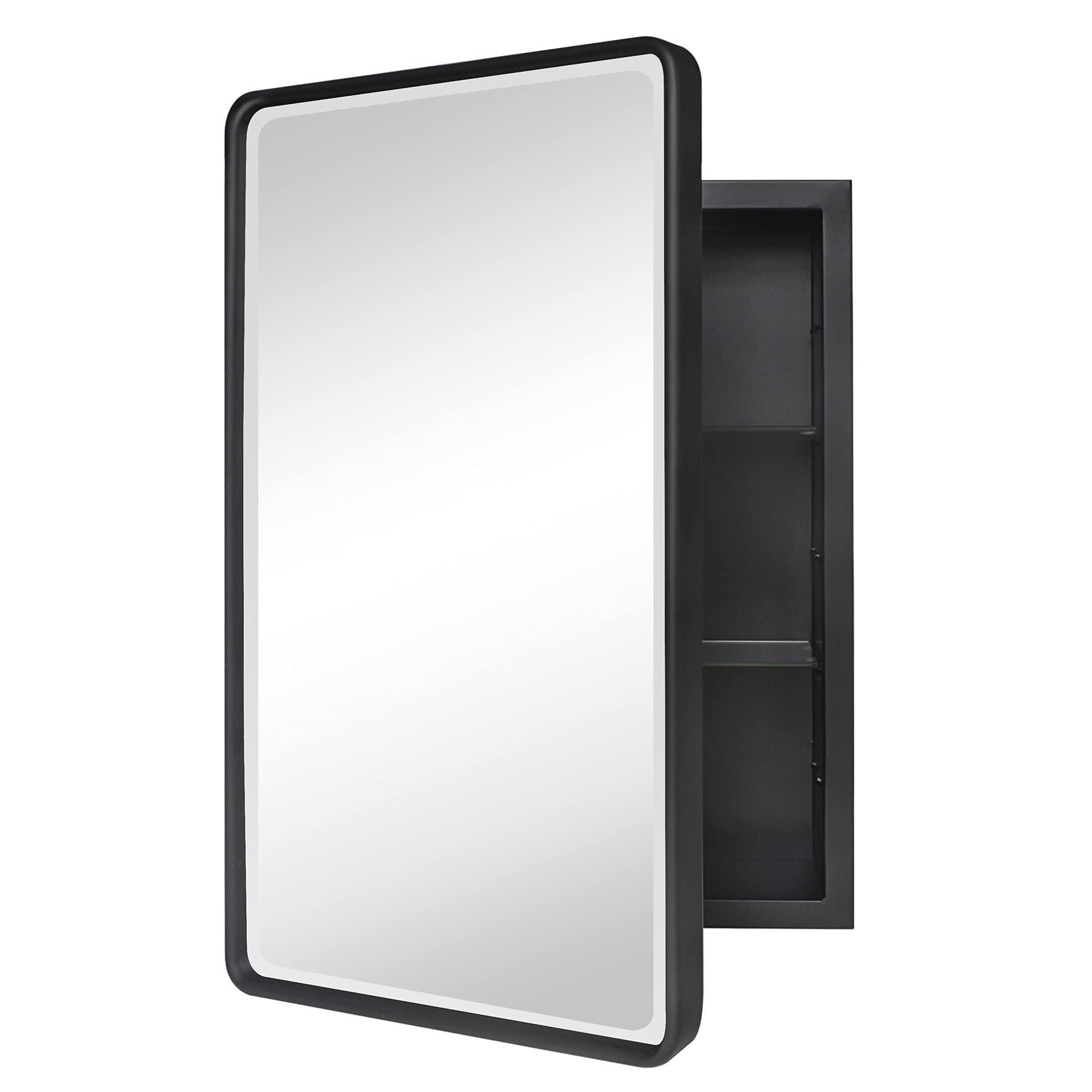 TEHOME Farmhouse 16 in. W x 24 in. H Small Recessed Metal Rectangular Bathroom Medicine Cabinets with Mirror in Matt Black