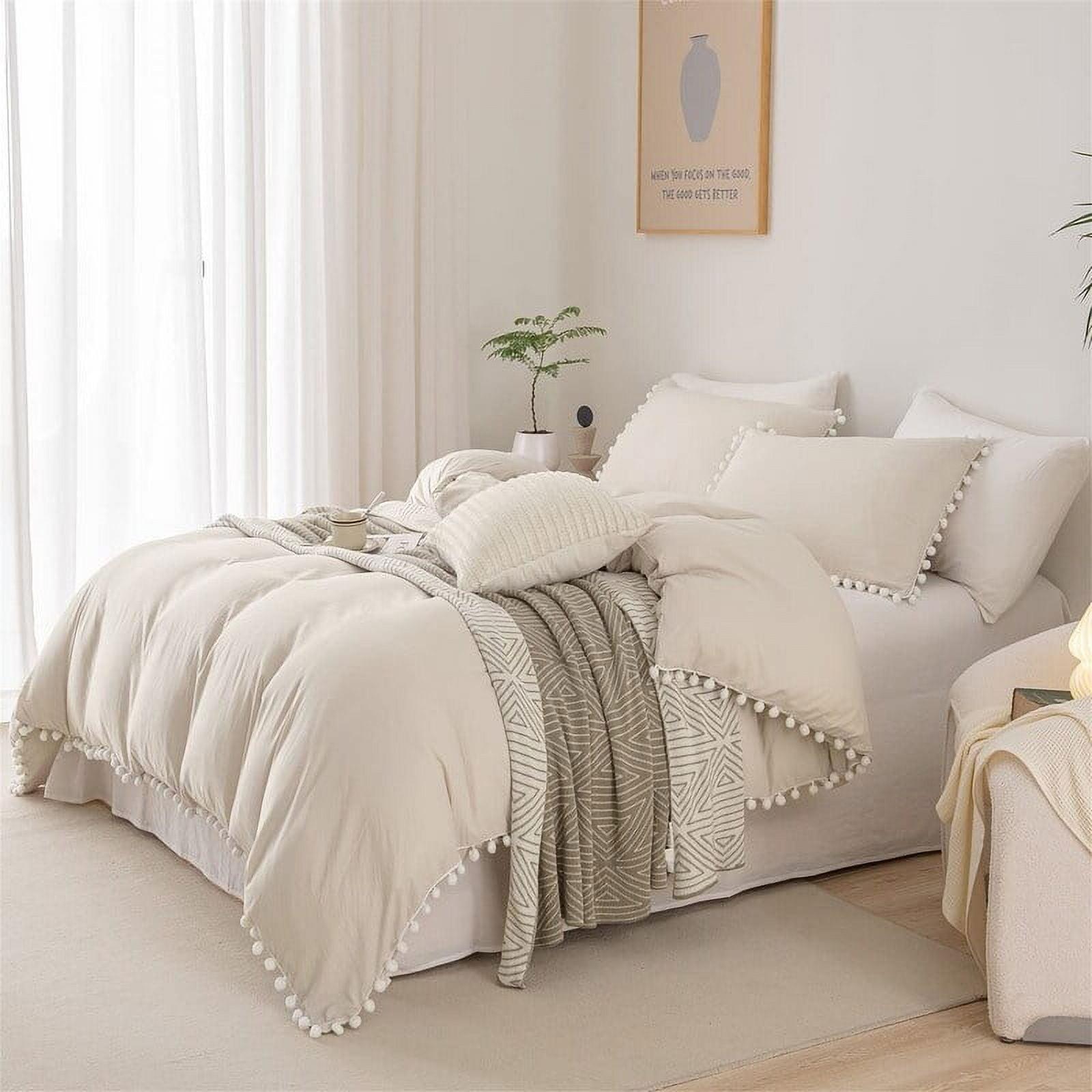 Beige Grey Twin Microfiber Pom Pom Bedding Set