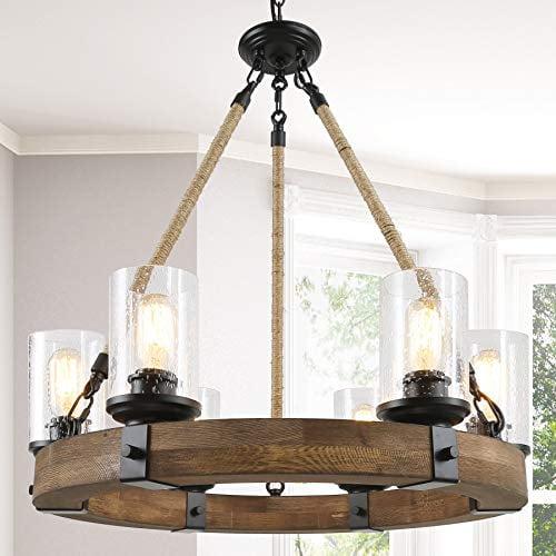 Farmhouse Chandeliers for Dining Rooms,6-Lights 25 Wagon Wheel Chandelier,Hemp Rope Wood Chandelier with Seeded Glass Shade