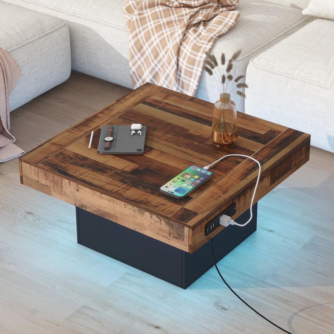 Rustic Wood Grain Square Coffee Table with LED Light and Charging Station