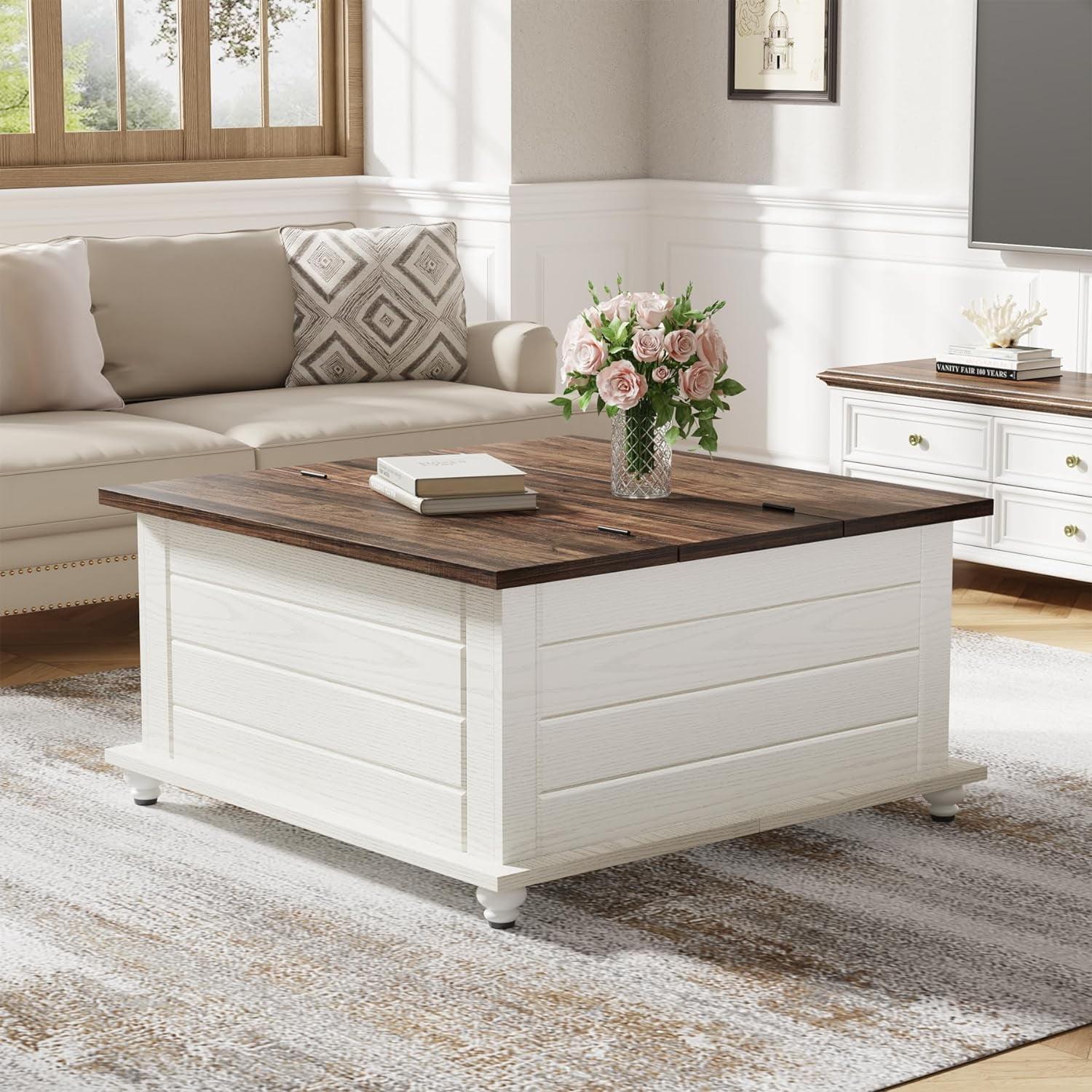 Rustic White and Brown Wood Coffee Table with Hidden Storage