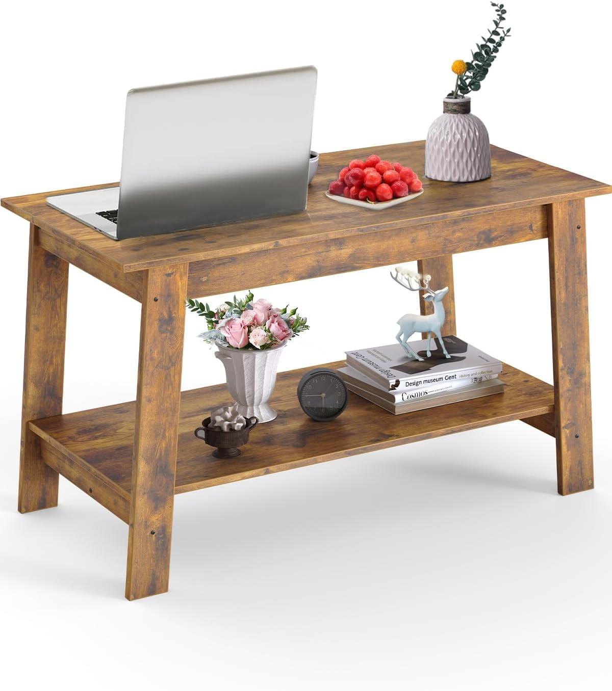 Winston Porter 2-Tier Coffee Table, Modern Farmhouse Coffee Table With Storage Shelf
