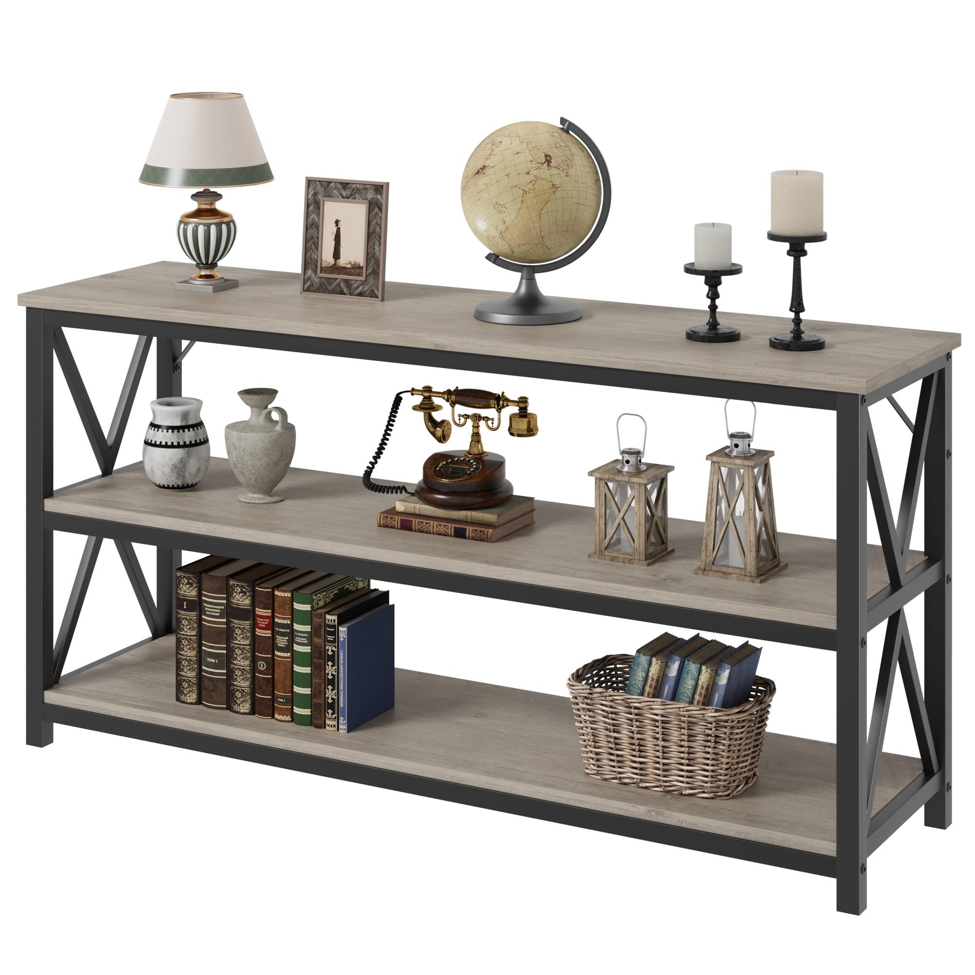 Gray Wood and Metal 3-Tier Console Table with Storage