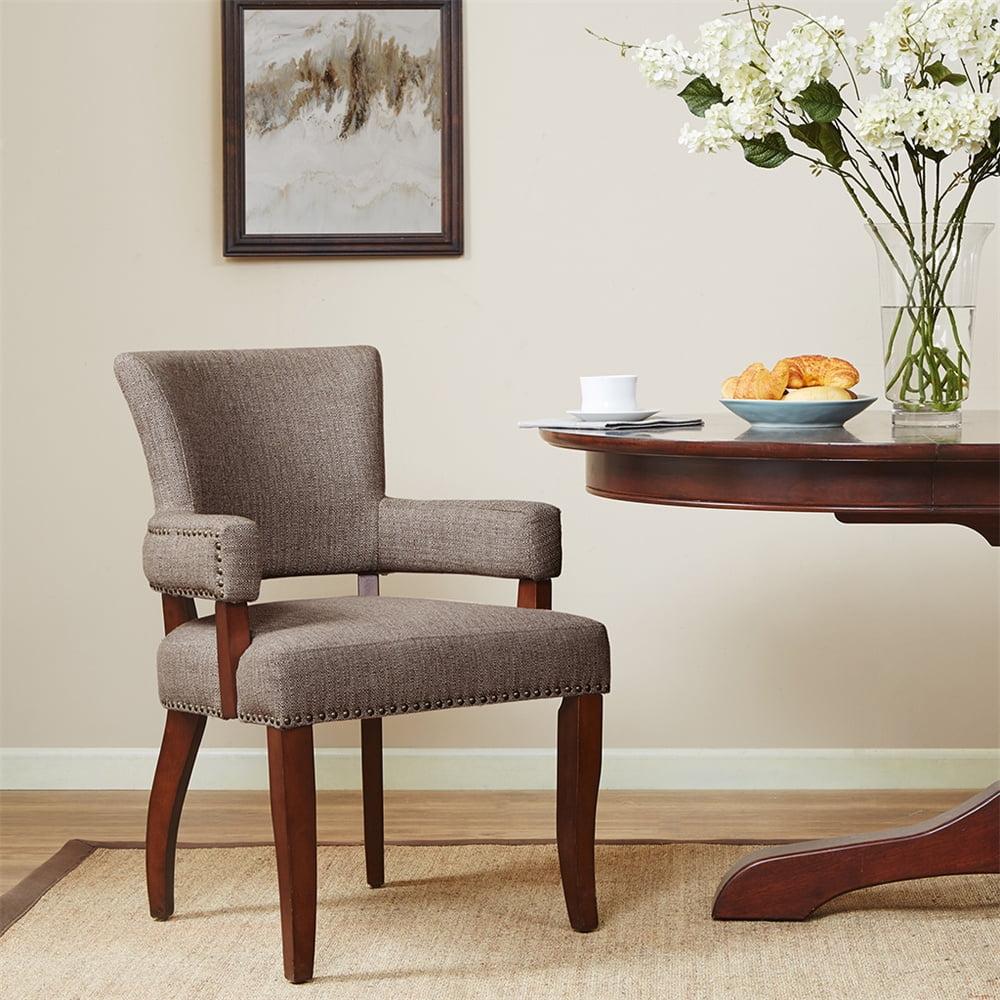 Brown Upholstered Birch Arm Dining Chair with Nailhead Trim