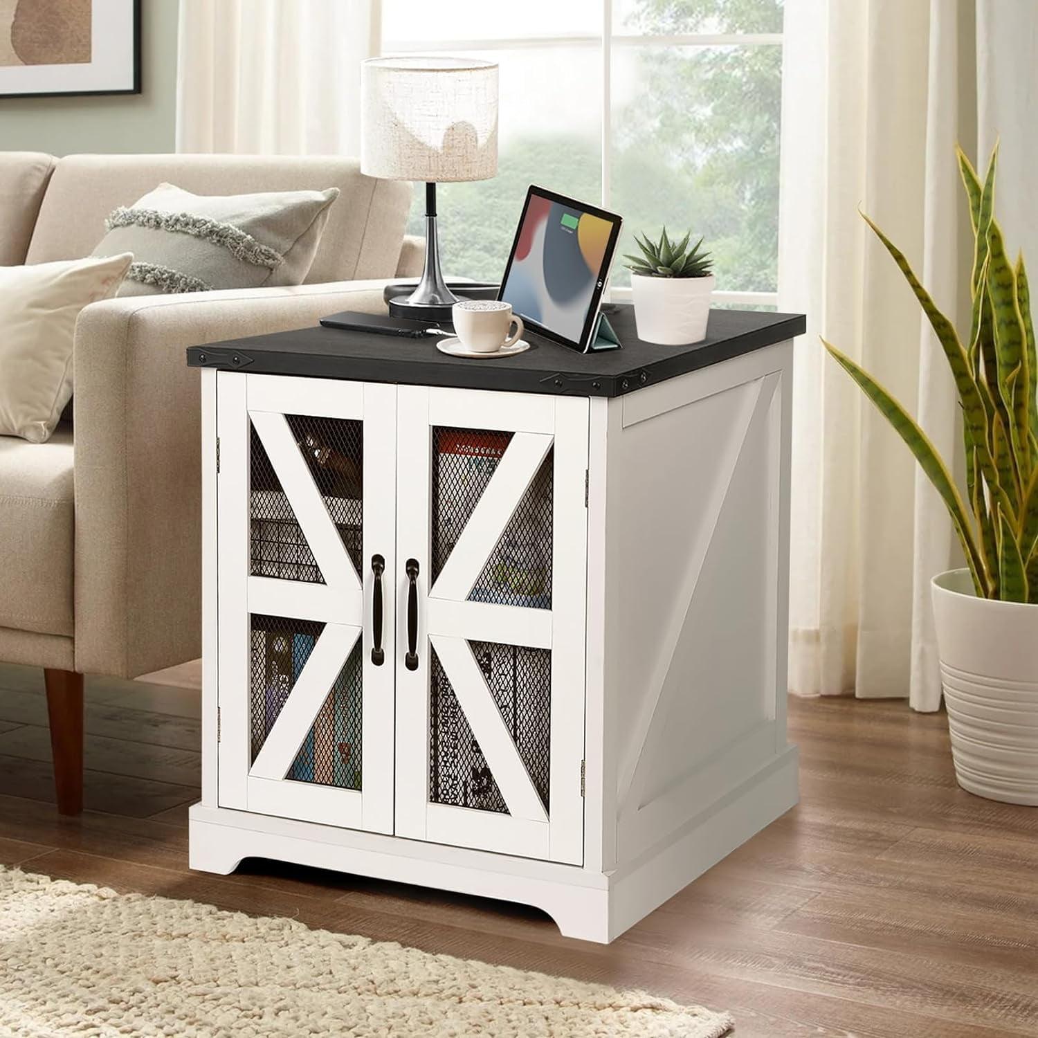 Antique White Farmhouse End Table with Charging Station and Mesh Barn Door