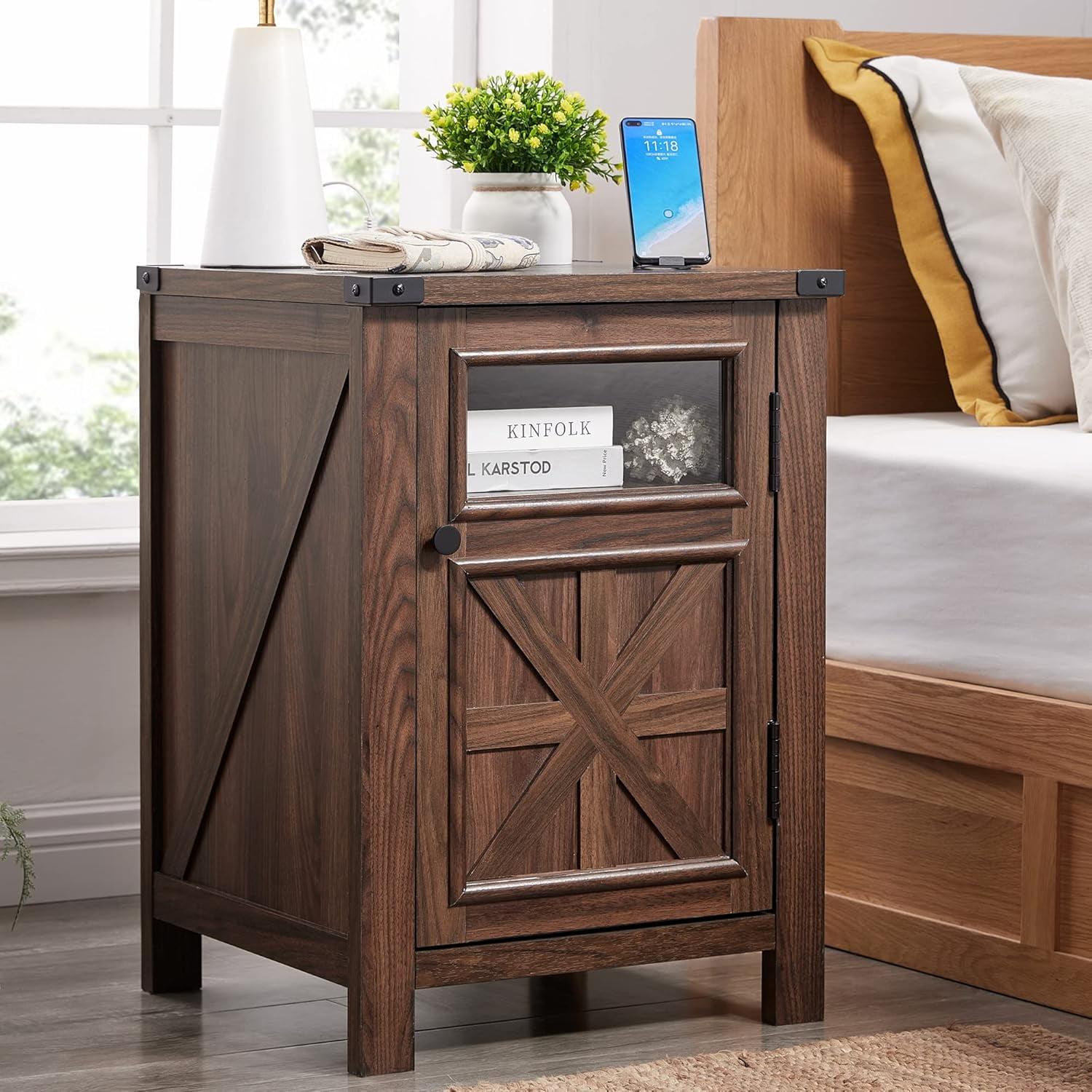 Ariellah 26'' Farmhouse End Side Table with Charging Station and Adjustable Storage Shelf