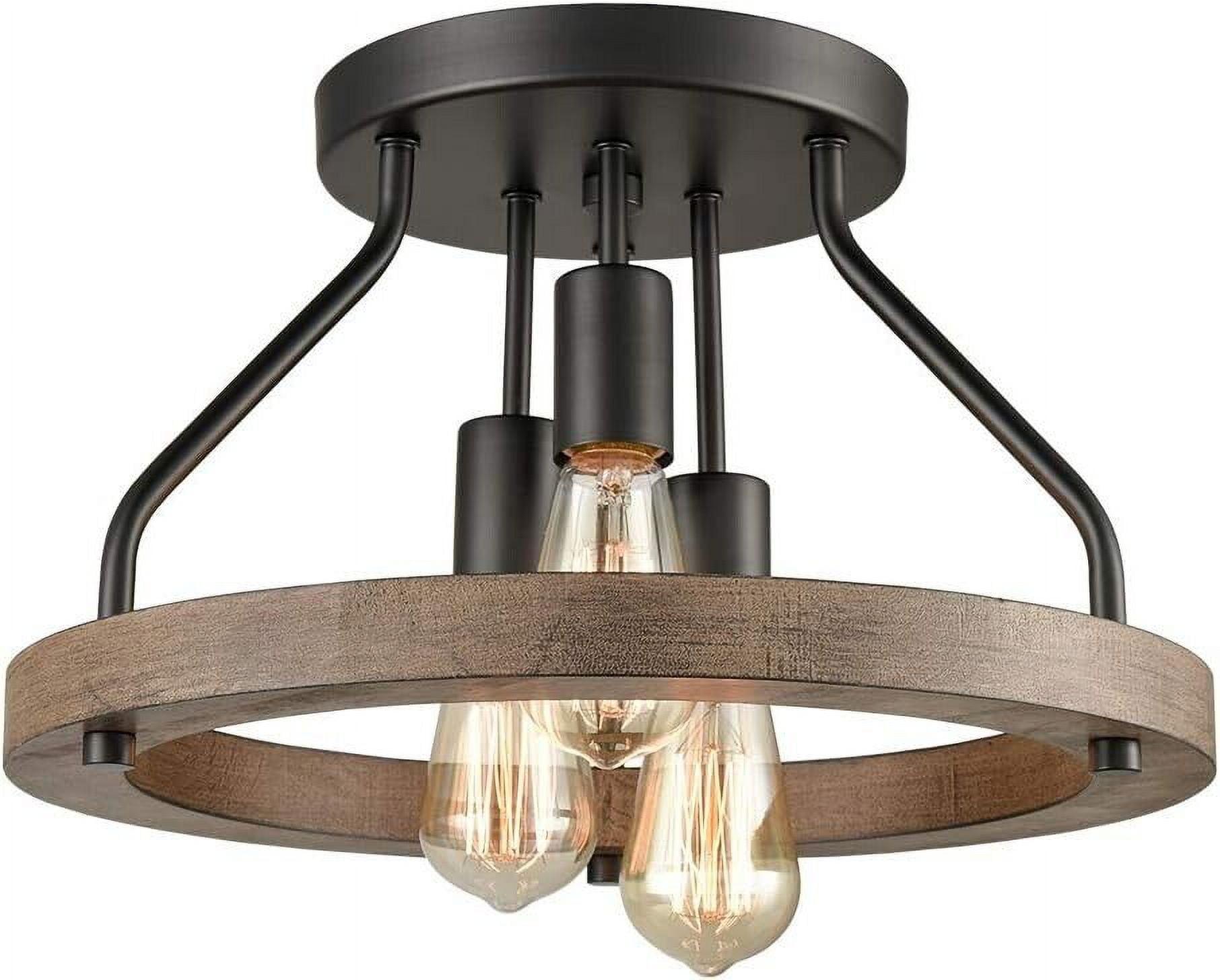 Farmhouse Flush Mount Ceiling Light Black Metal Lighting with Wood Grain Finish