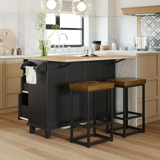 Harper & Bright Designs Kitchen Island Set with 2 Seatings and Drop Leaf, Farmhouse Dining Table Set with Storage Cabinet, Drawers and Towel Rack, Black