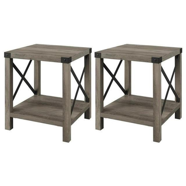 Farmhouse Metal-X End Tables with Lower Shelf in Gray Wash (Set of 2)