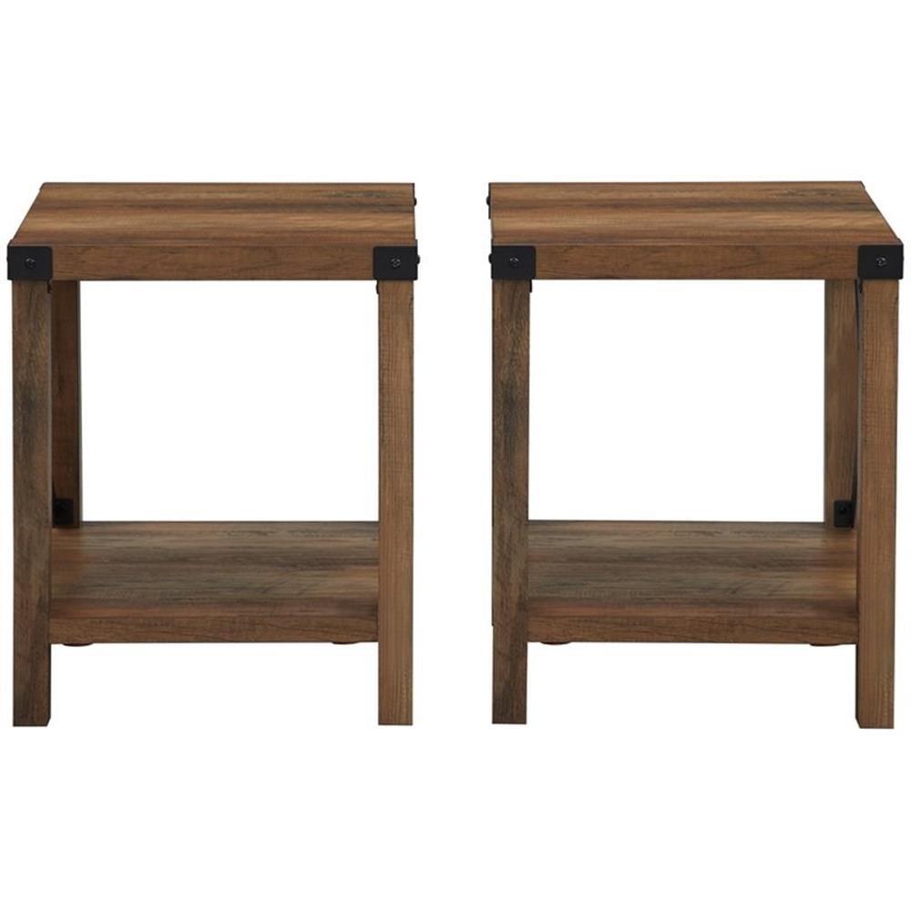 Farmhouse Metal-X End Tables with Lower Shelf in Rustic Oak (Set of 2)