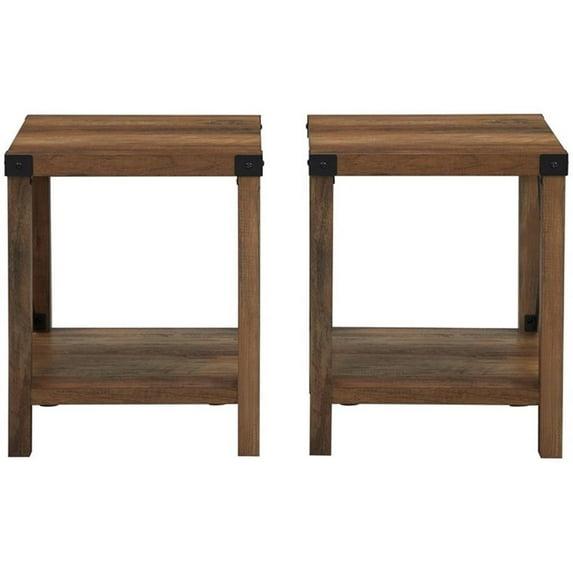 Farmhouse Metal-X End Tables with Lower Shelf in Rustic Oak (Set of 2)