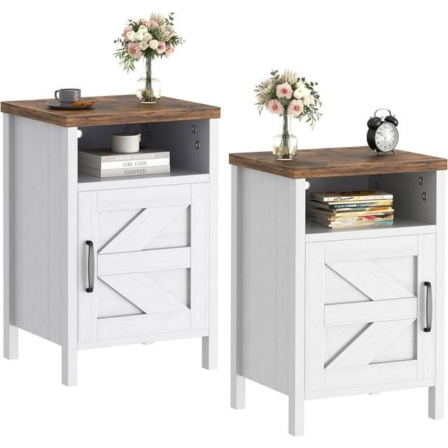 Farmhouse Nightstand, Modern Bedside Table Set of 2 with Barn Door and Shelf, Rustic End Table Side Table for Bedroom, Living Room (White)