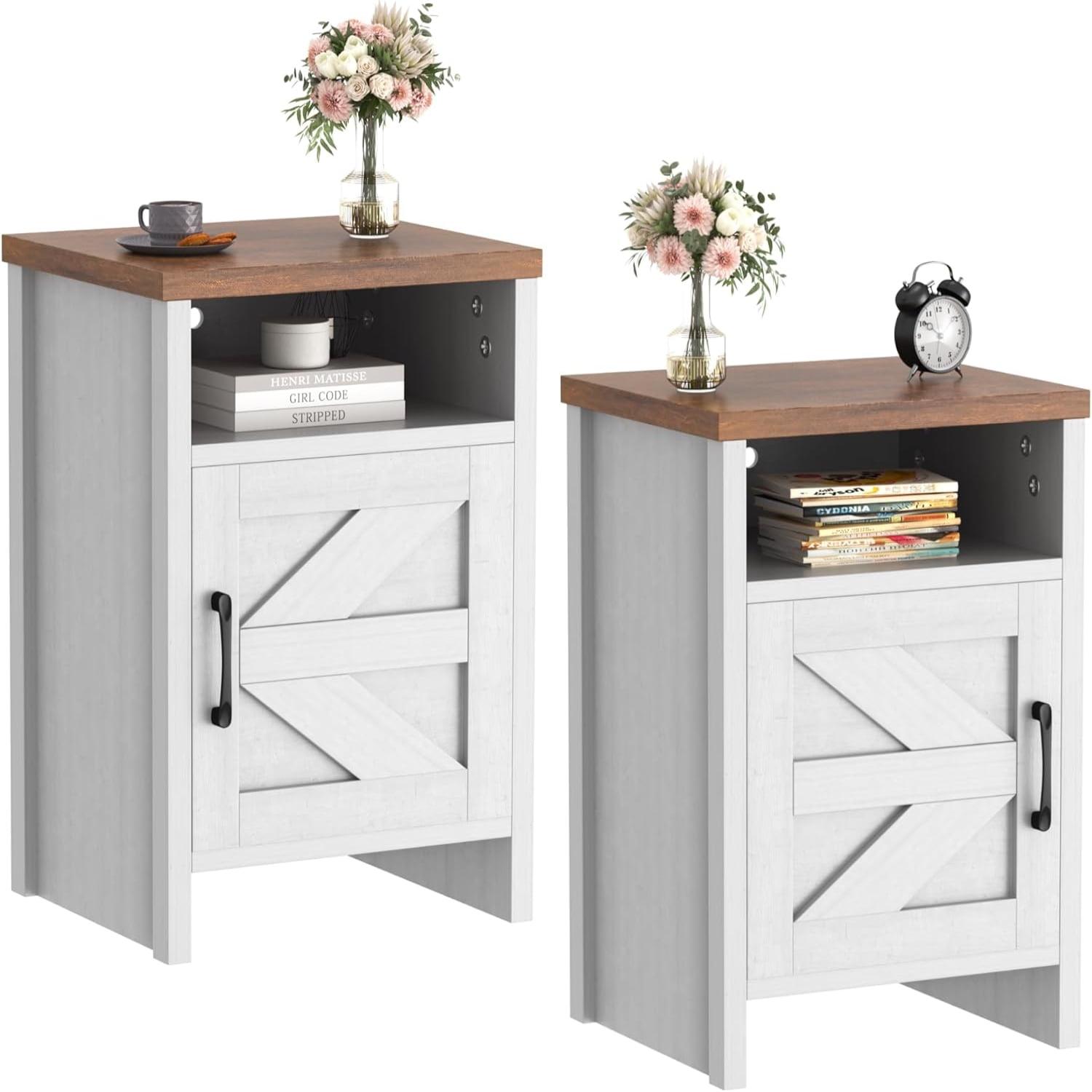 Farmhouse Nightstand, Modern Bedside Table Set of 2 with Barn Door and Shelf, Rustic End Table Side Table for Bedroom, Living Room (White)