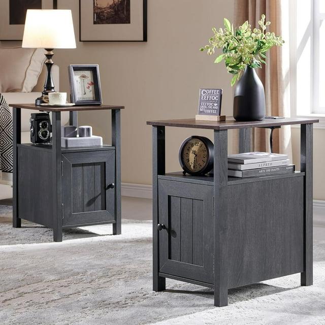 2 PCS Nightstand with Charging Station & Barn Door & Open Shelves，Farmhouse End Table for Bedroom, Living Room, Gray