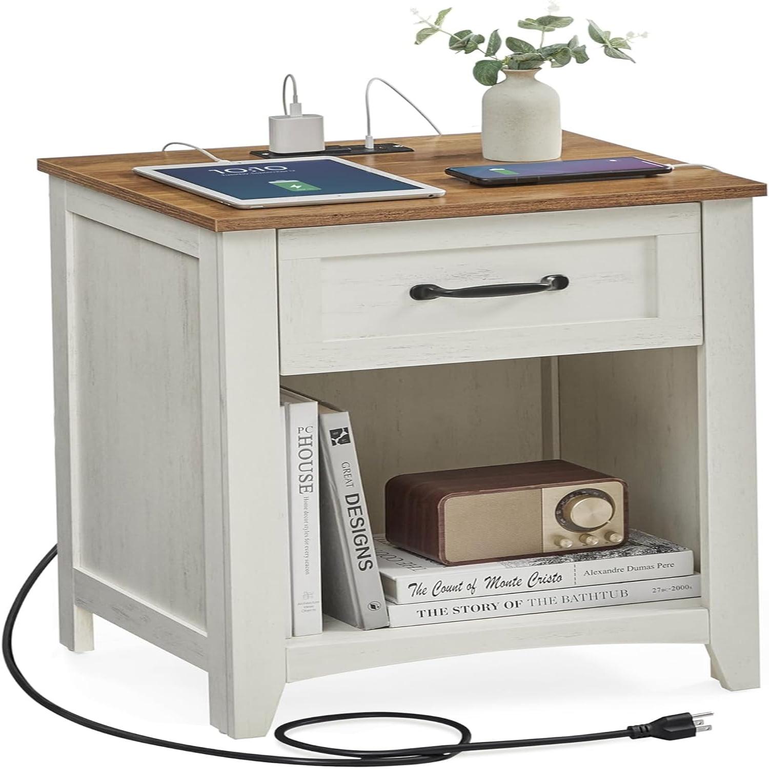 Rustic White and Honey Brown Nightstand with Charging Station