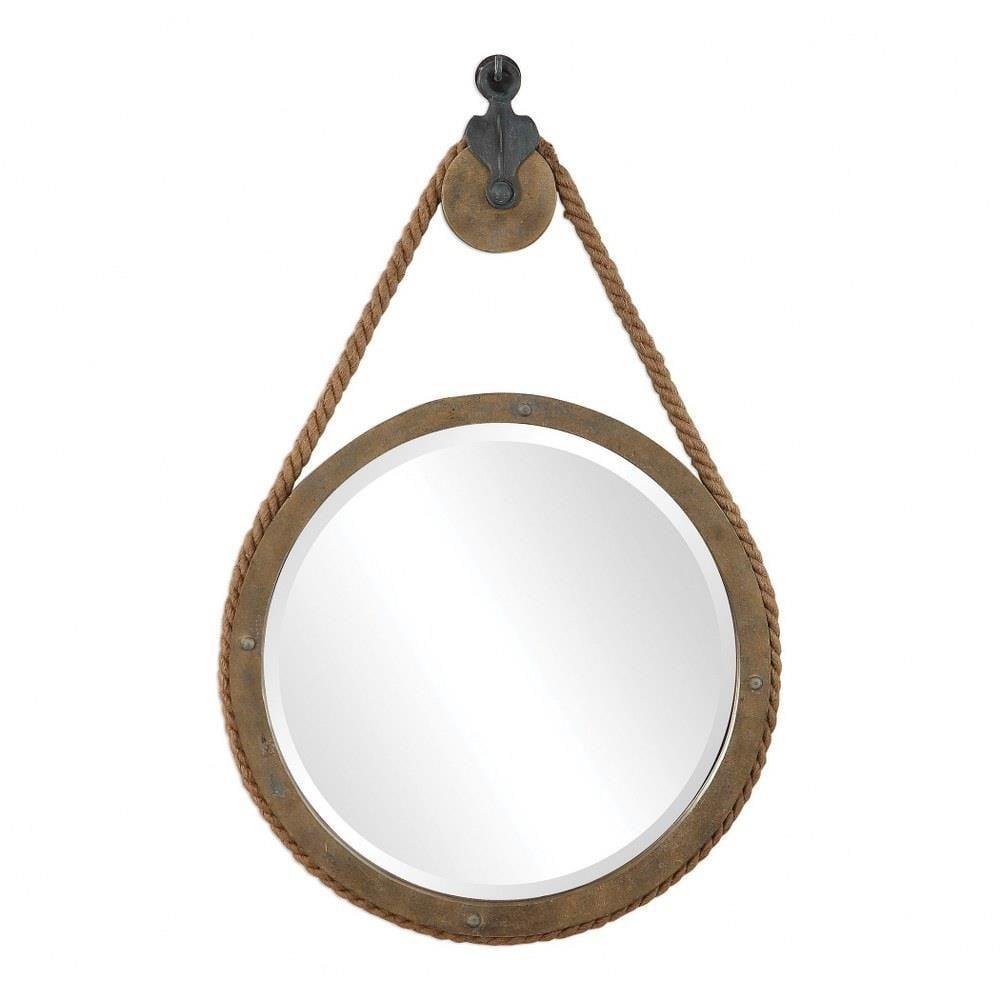 Farmhouse Rustic Round Mirror in Aged Natural Wood with Antique-Inspired Pulley To Hung 25 inches W X 36.5 inches H Bailey Street Home 208-Bel-2971100
