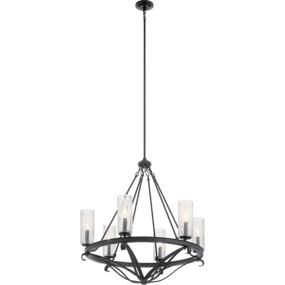 Modern Black Six-Light Steel Chandelier with Crackle Glass Shades