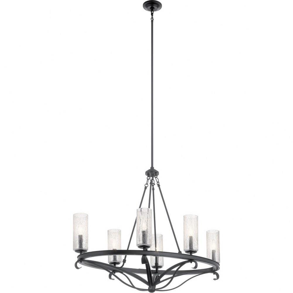 Modern Black Six-Light Steel Chandelier with Crackle Glass Shades