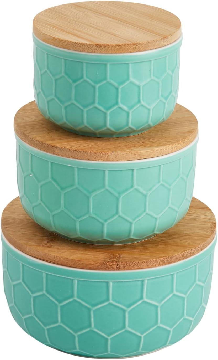 Mint Green Ceramic Bowls with Bamboo Lids, Set of 3