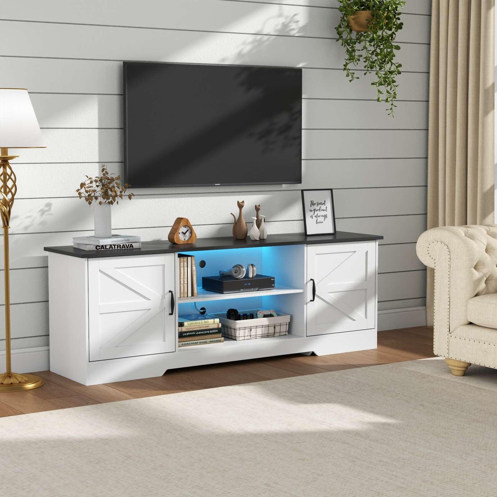 White Farmhouse TV Stand with LED Lights and Storage