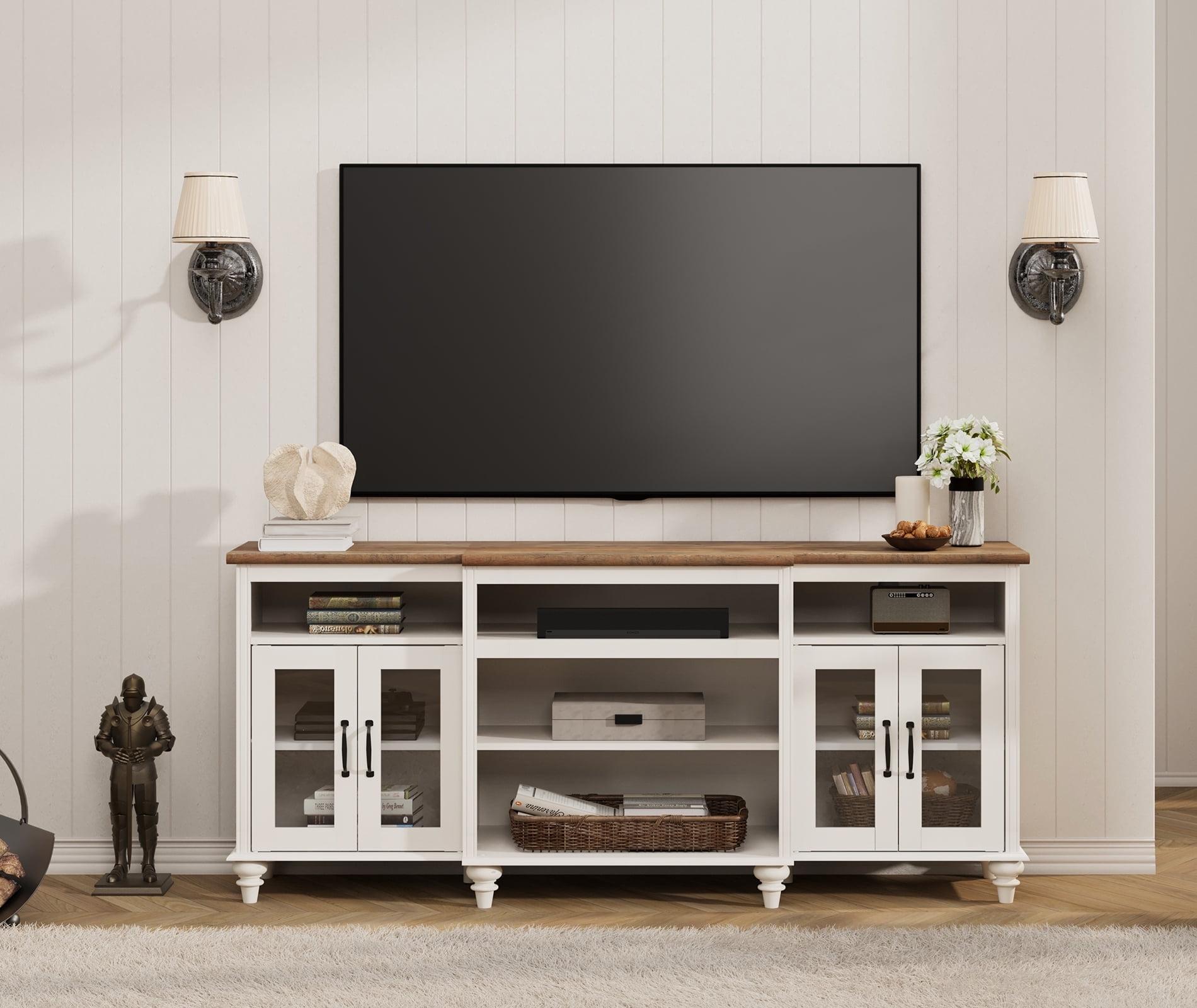 Farmhouse TV Stand for 75 inch TV, 4-Door Glass Wood Entertainment Center with 9 Storage Cabinets, White Media Console Table for Living Room Bedroom，White