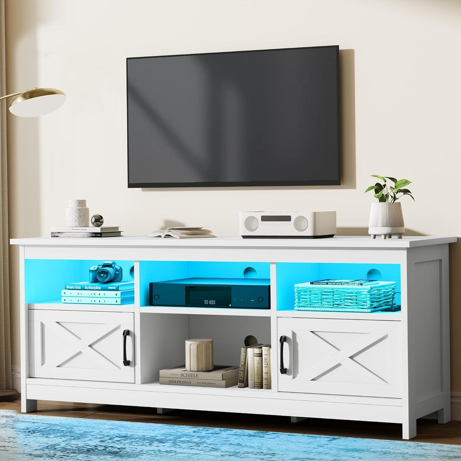 White Farmhouse TV Stand with LED Lights and Storage